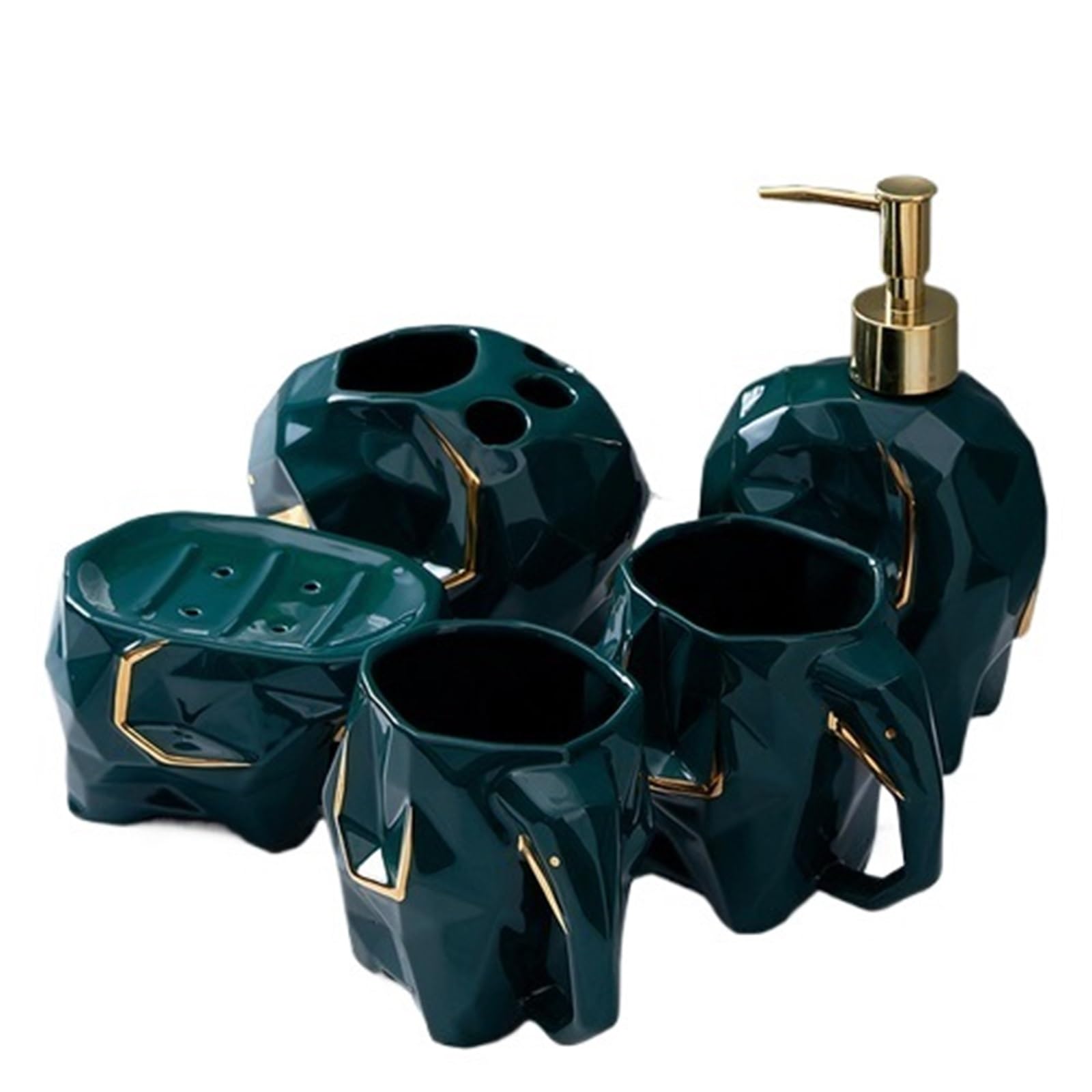 Soap Dish Set Elephant Bathroom Wash Set Mouth Cup Toothbrush Holder Lotion Bottle & Soap Dish For Organization(Dark green 5pcs)