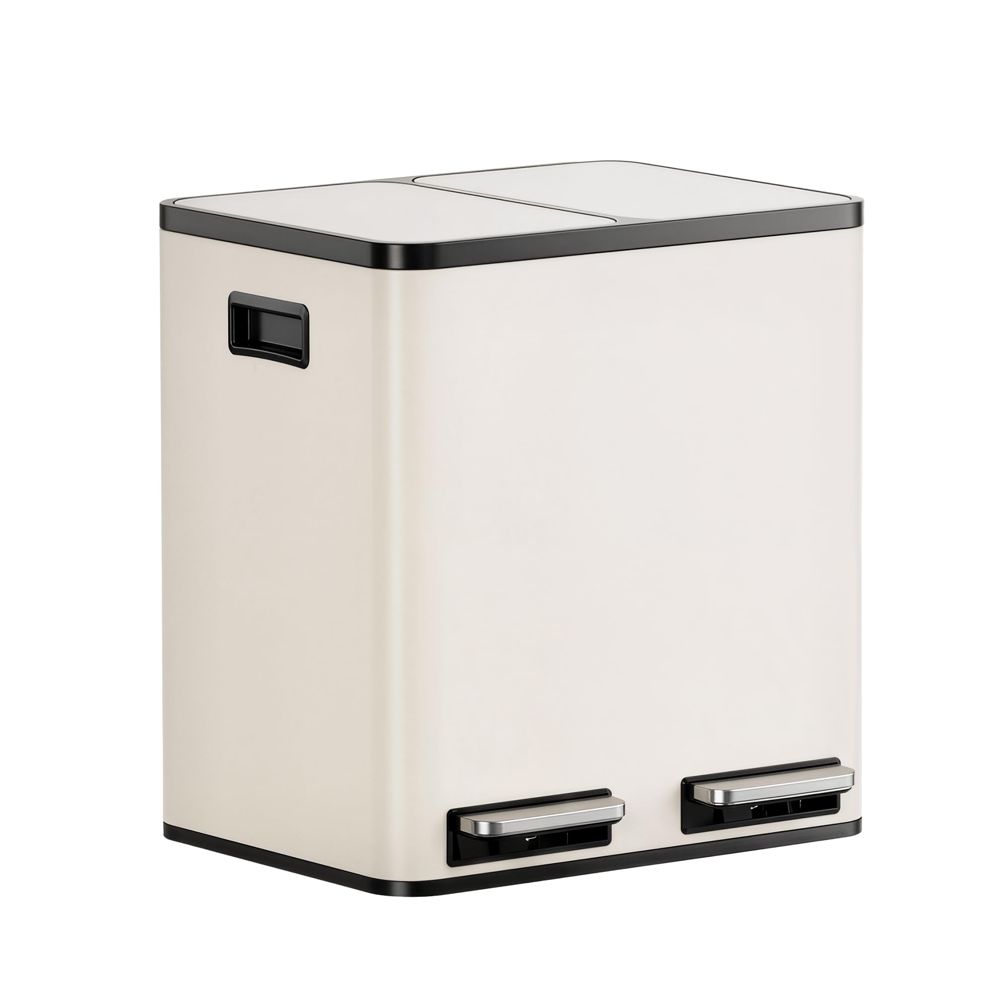 VonHaus Kitchen Bin, 30L Cream Matte Double Recycling Bin for Kitchen, Two Section Food Waste Separation System with Non-Slip Base & Removable Inner-Compartments, Airtight Trash Can, 2 x 15L