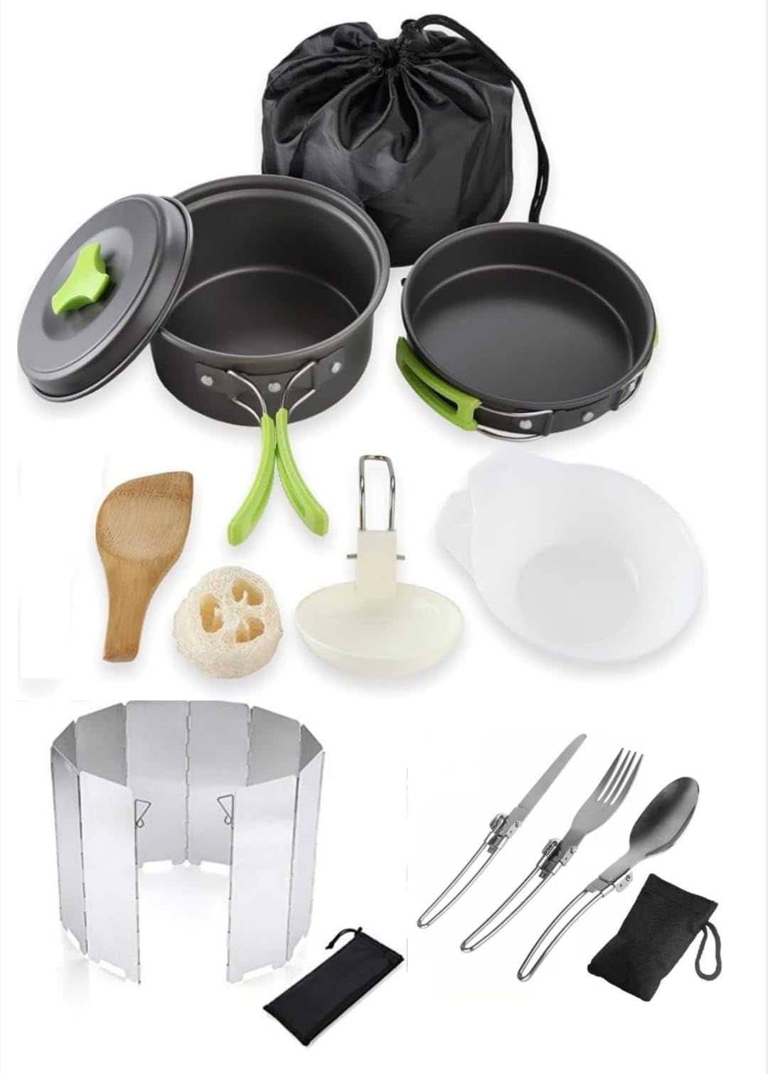 Camping Cookware Mess Kit of 12 pcs for Backpacking Gear – Camping Cooking Pots and Pans Set - Backpacking Stove Wind Screen - Camp Kitchen Equipment Accessories Pot with Carry Bag-image-48