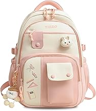 Cute School Backpack for Girls – Stylish Pink & White Large Capacity Bookbag with Plush Keychain, Multiple Pockets, Lightweight Travel & College Bag