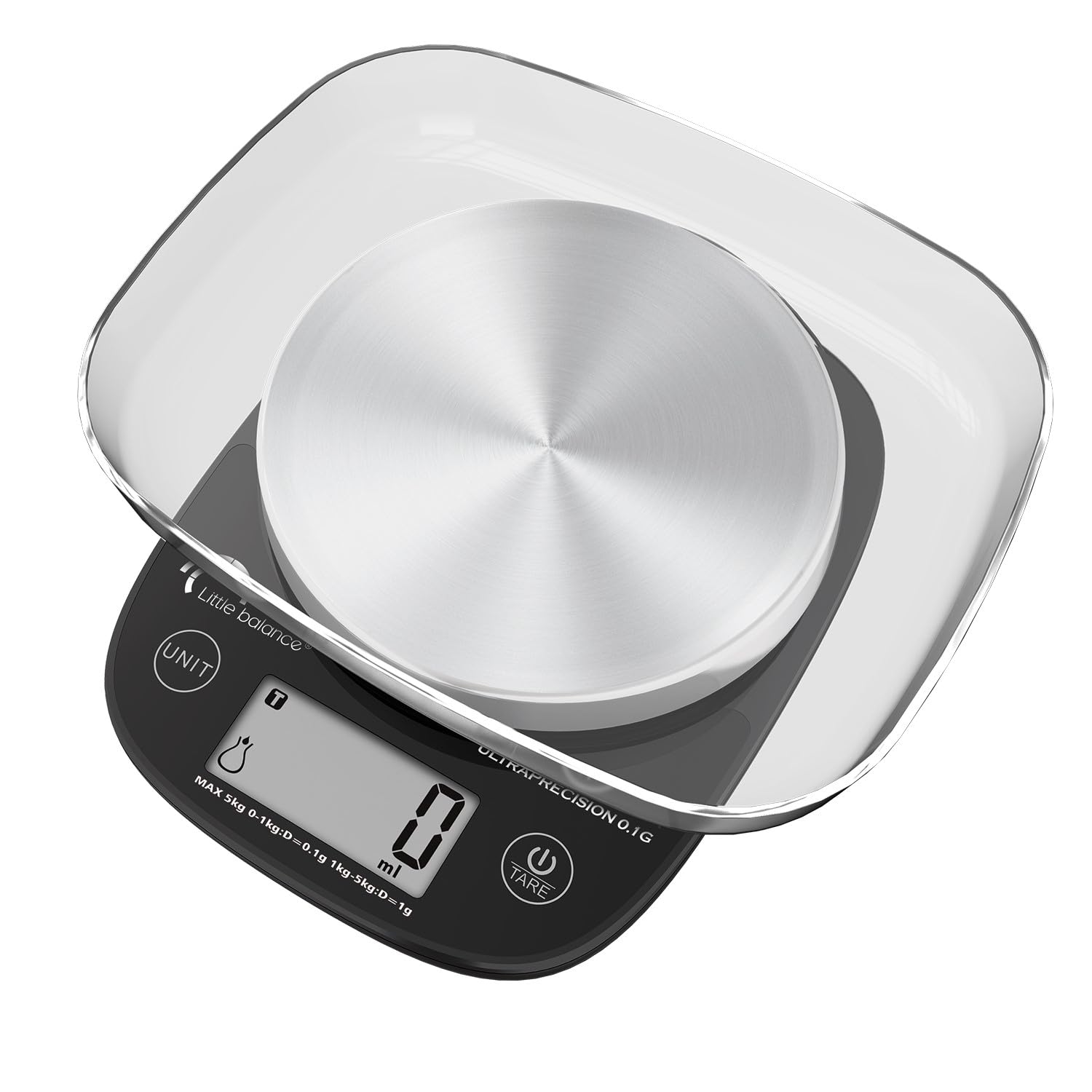 LITTLE BALANCE 8721 Pro Inox 5.1 con cuenco USB-C Ultra precisión, báscula sin pilas, báscula de letras, recarga USB-C, reparable, 0,1 g, negro