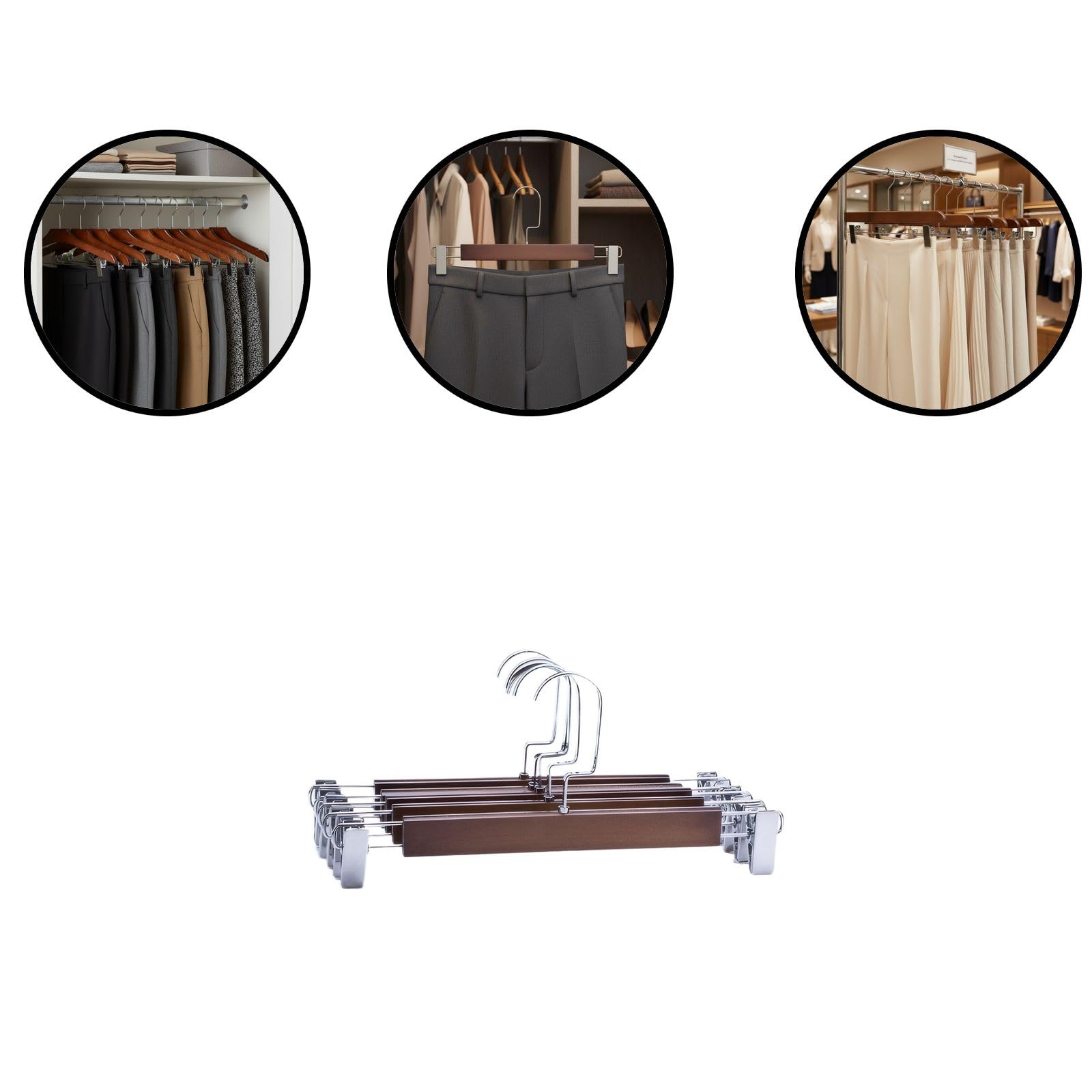 Percha de madera de alta calidad con clips para pantalones y faldas, colgador de ropa de madera suave con clips de metal para exhibición minorista y almacenamiento en el armario del hogar (marrón