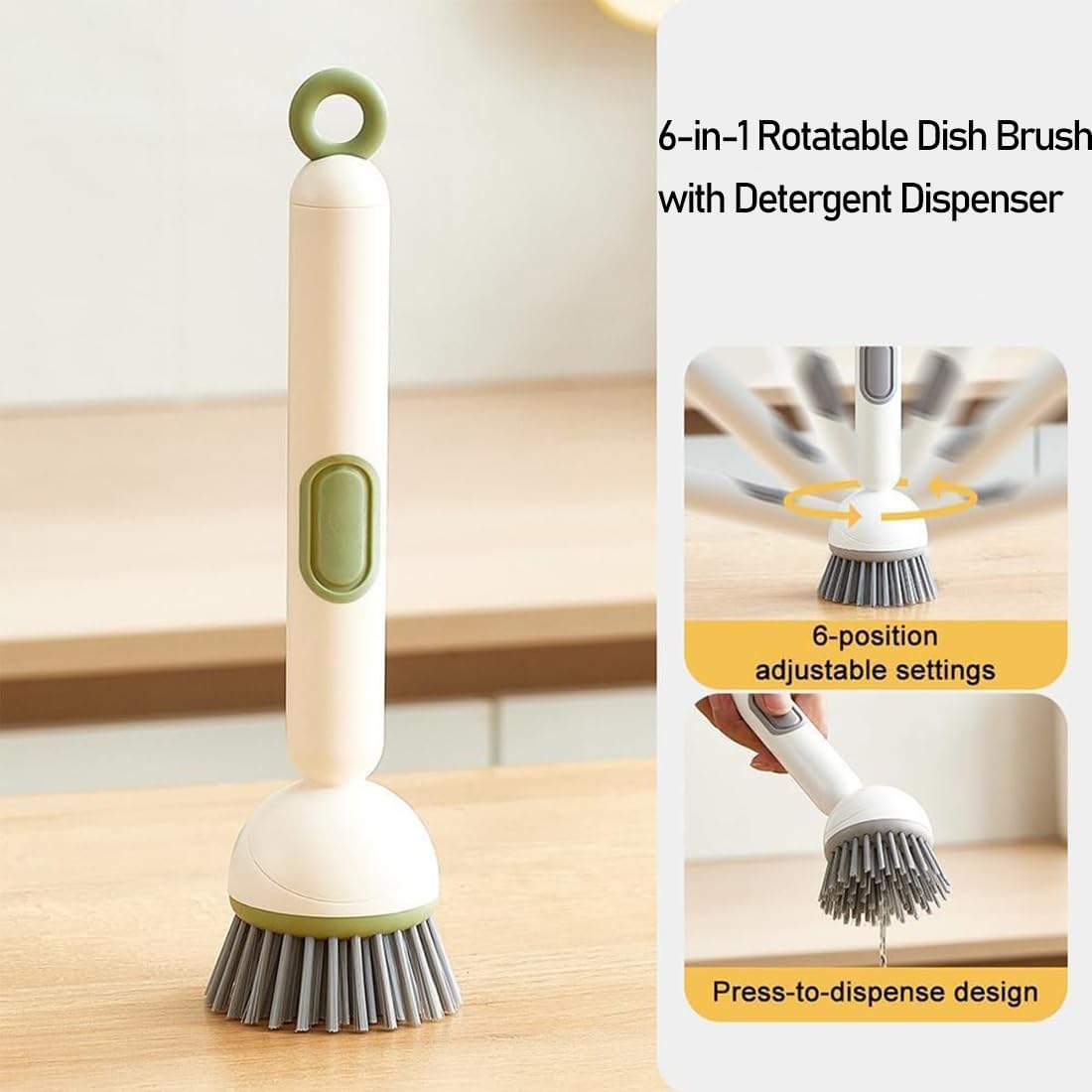 Spazzola per piatti con dispenser di detersivo, spazzola rotante a 360°, angolo regolabile, setole in PET per una pulizia efficiente di pentole, padelle, piatti, utensili (confezione da 2)