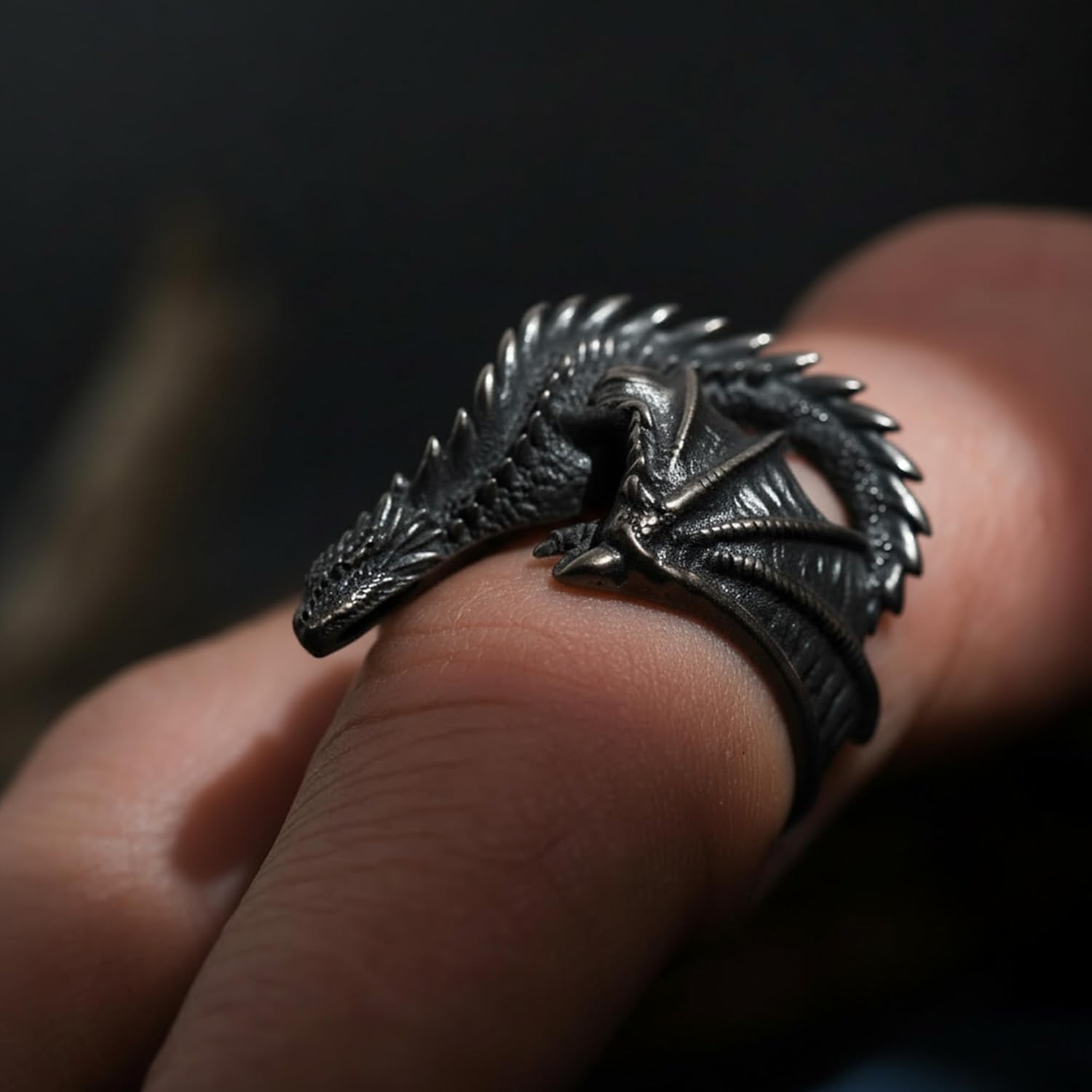 David Black Solid 925 Sterling Silver Dragon Ring for Men & Women – Adjustable Gothic Viking Jewelry, Fantasy Statement Ring, Handmade Silver Gift for Him & Her
