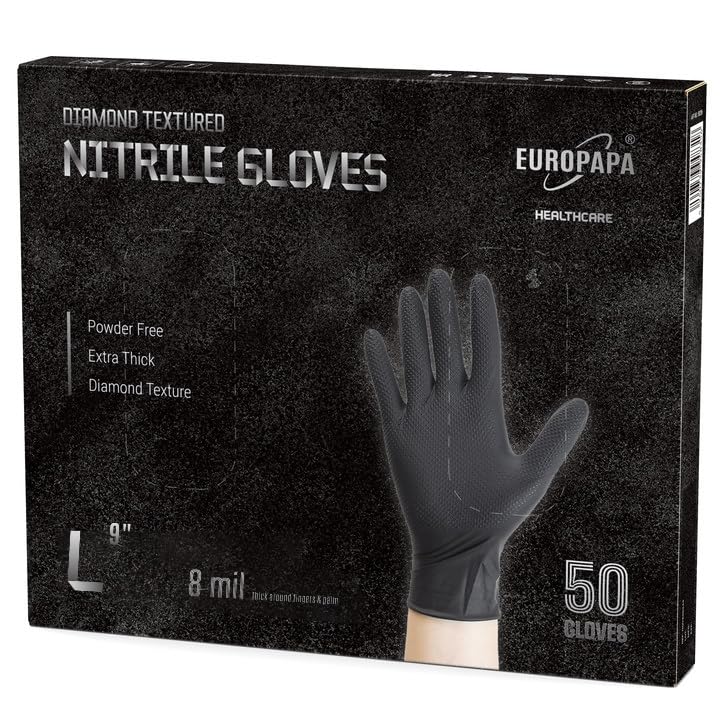 EUROPAPA 50 guantes de nitrilo extragruesos de 8 g, con agarre de diamante, color negro y naranja, perfectos agarres, guantes de protección de montaje, guantes de trabajo sin polvo (Negro, L)