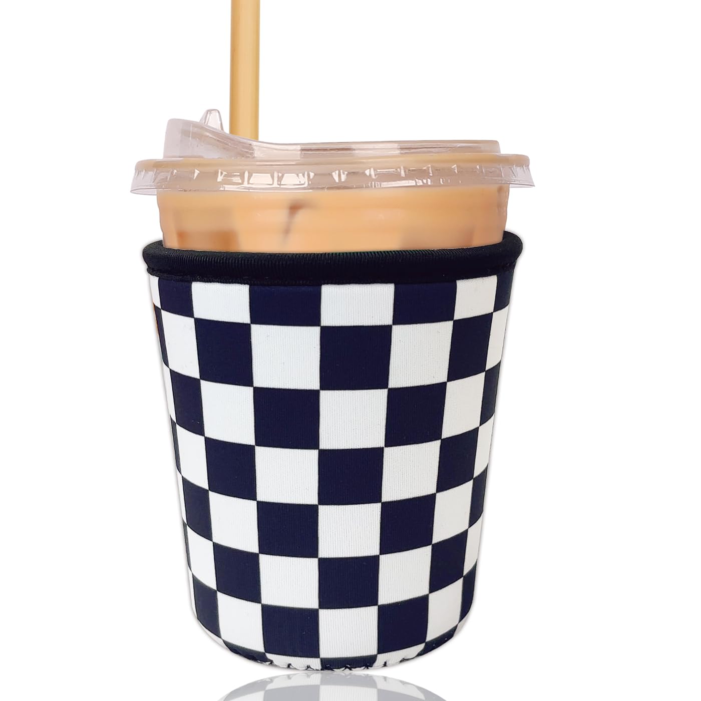 Reusable Insulated Sleeve for Iced Coffee Cup, Coffee Neoprene Sleeve for Cold &amp; Hot Drinks, Beverage Holder for Iced Coffee (Checker Grid, Small: 16-18oz)