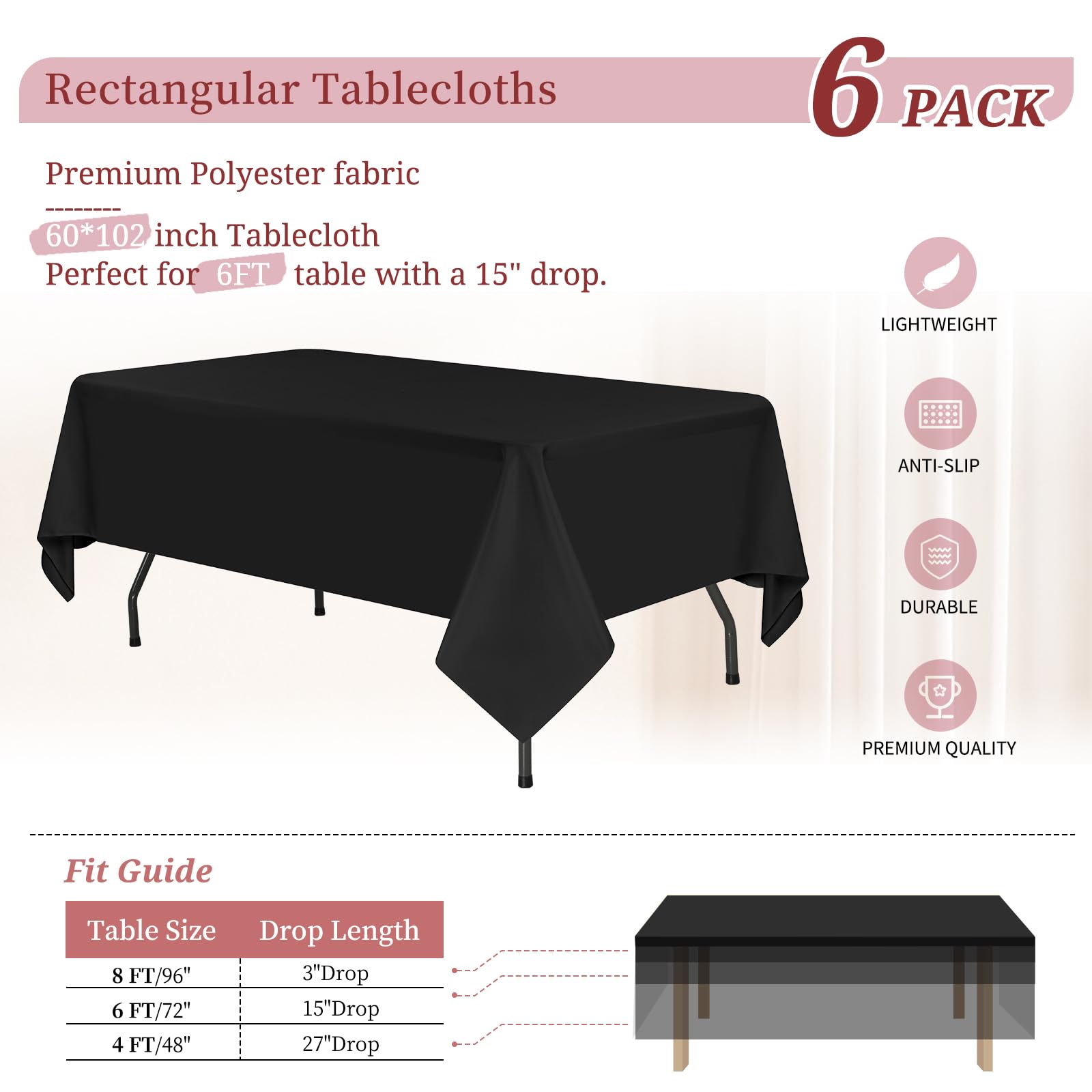 6 Pezzi Tovaglie Nero Rettangolari 153 x 260 cm, Tovaglie Nero in Poliestere Impermeabile per Tavolo da 6 Piedi, Tovaglia Rettangolare Lavabile per Feste Matrimoni Buffet Campeggio Ristorante