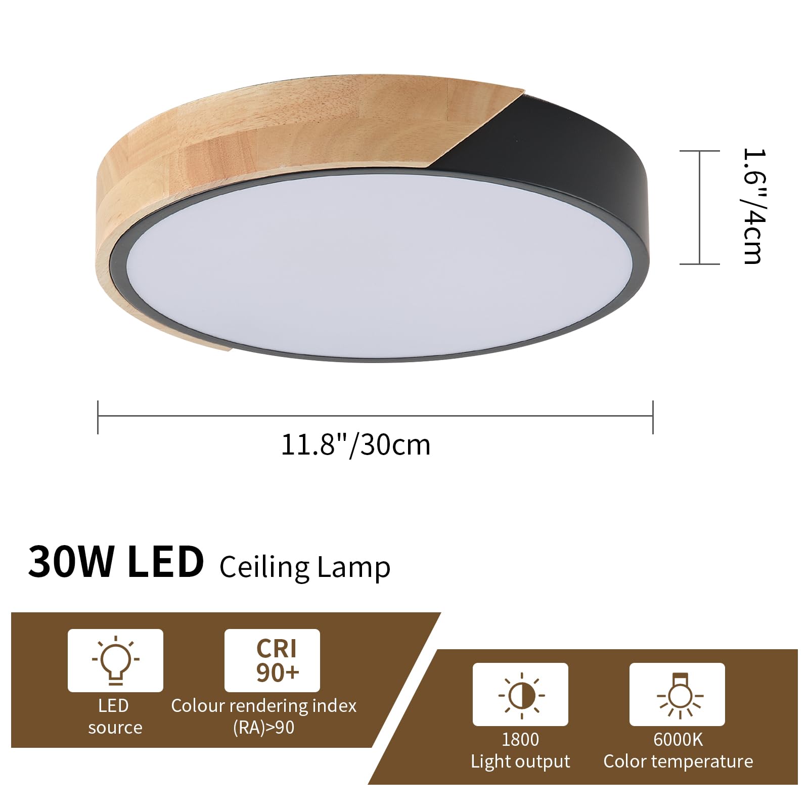 Plafón Led Ronda 24W, Luz Blanca Fría 6000K, Paquete de 2 Lámparas Techo Negro para Salón, Cocina, Comedor, Dormitorio