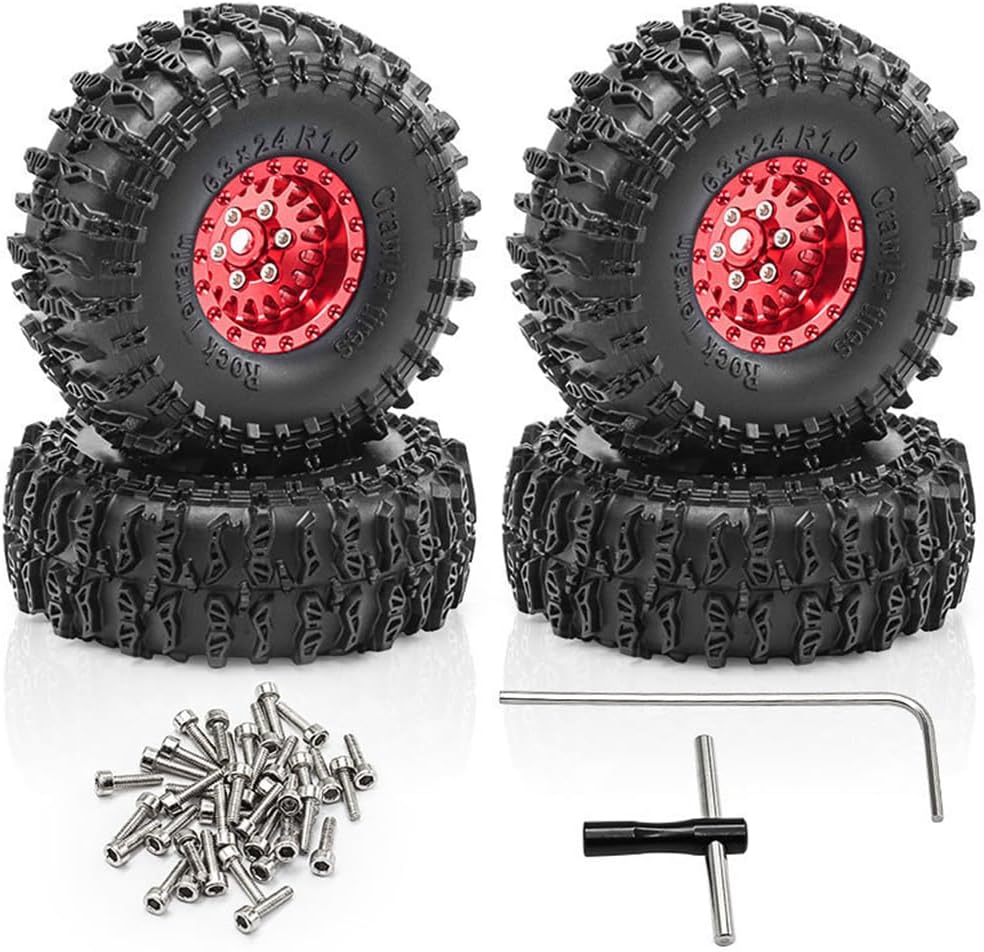4PCS 1.0'' Aluminum Wheel Hub Wheel Rim Tires Wheels 63x24mm RC Upgraded Parts for SCX24 AX24 TRX4M 1/18 1/24 Crawler RC Climbing Car (Red)