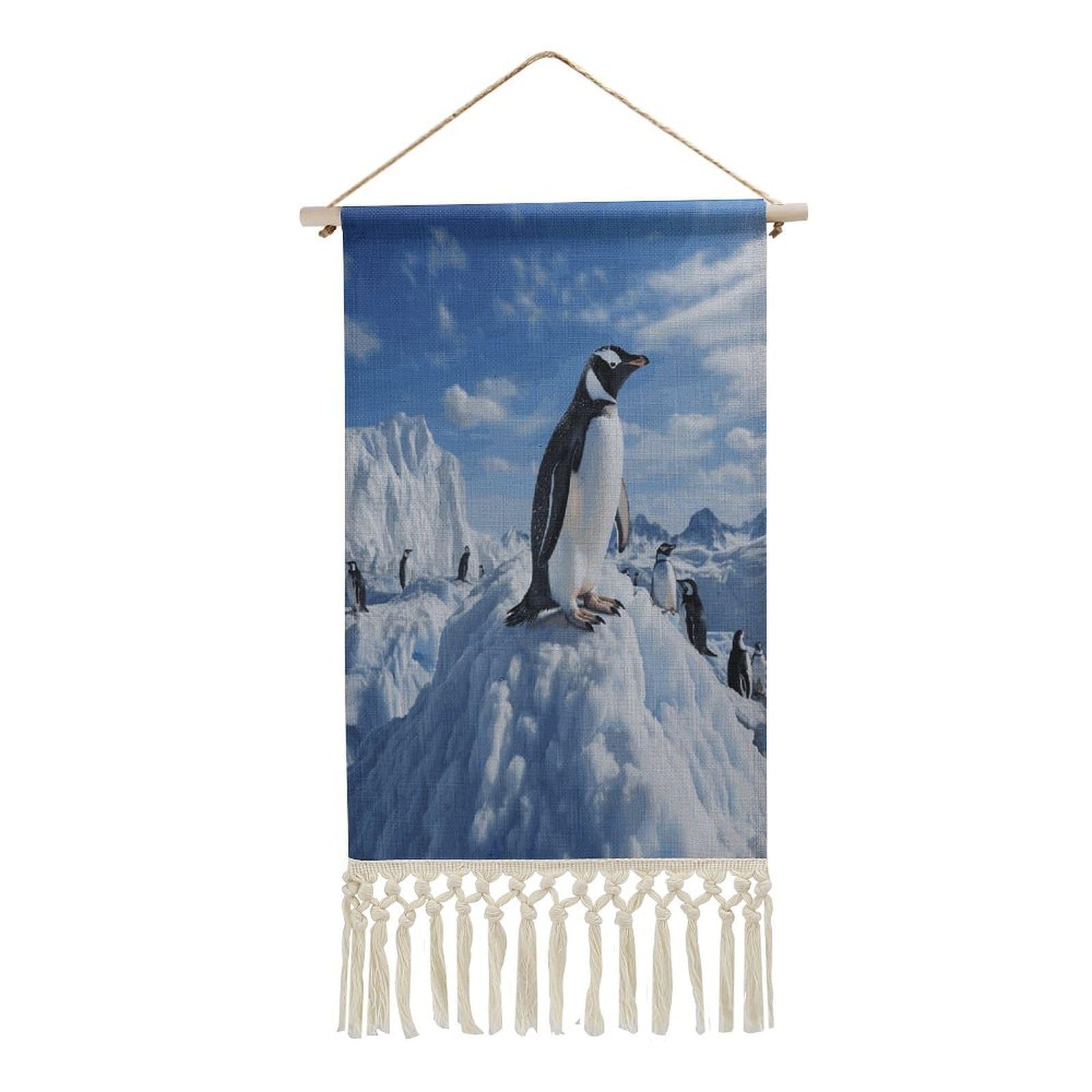 FekiLoot Snow Mountain Penguin Wall Art Print Decor Art Tapestry with Tassel Cotton Linen Hanging Poster Vintage Aesthetic Wall Art Poster Rustic Wall Art Decor for Home Bedroom Living Room Office