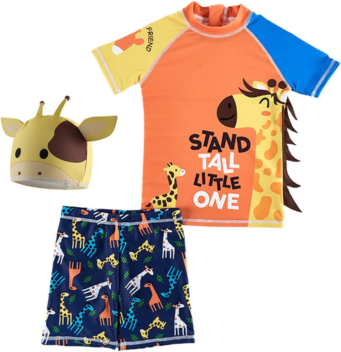 Kids Baby Boys Two Piece Cartoon Giraffe Print Short Sleeve Swimsuits UV Rash Guard Swimwear Bathing Suits with Caps