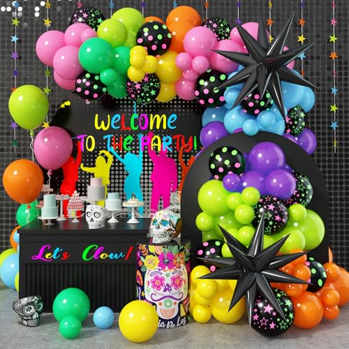 Image of Rainbow Balloon Arch Garland Kit, 137pcs Colorful Balloons whit Rainbow Star Dot Glow Dark Balloons for Dark Party Let's Glow Birthday Wedding Back to 80s 90s Disco Rock Roll Party Decoration