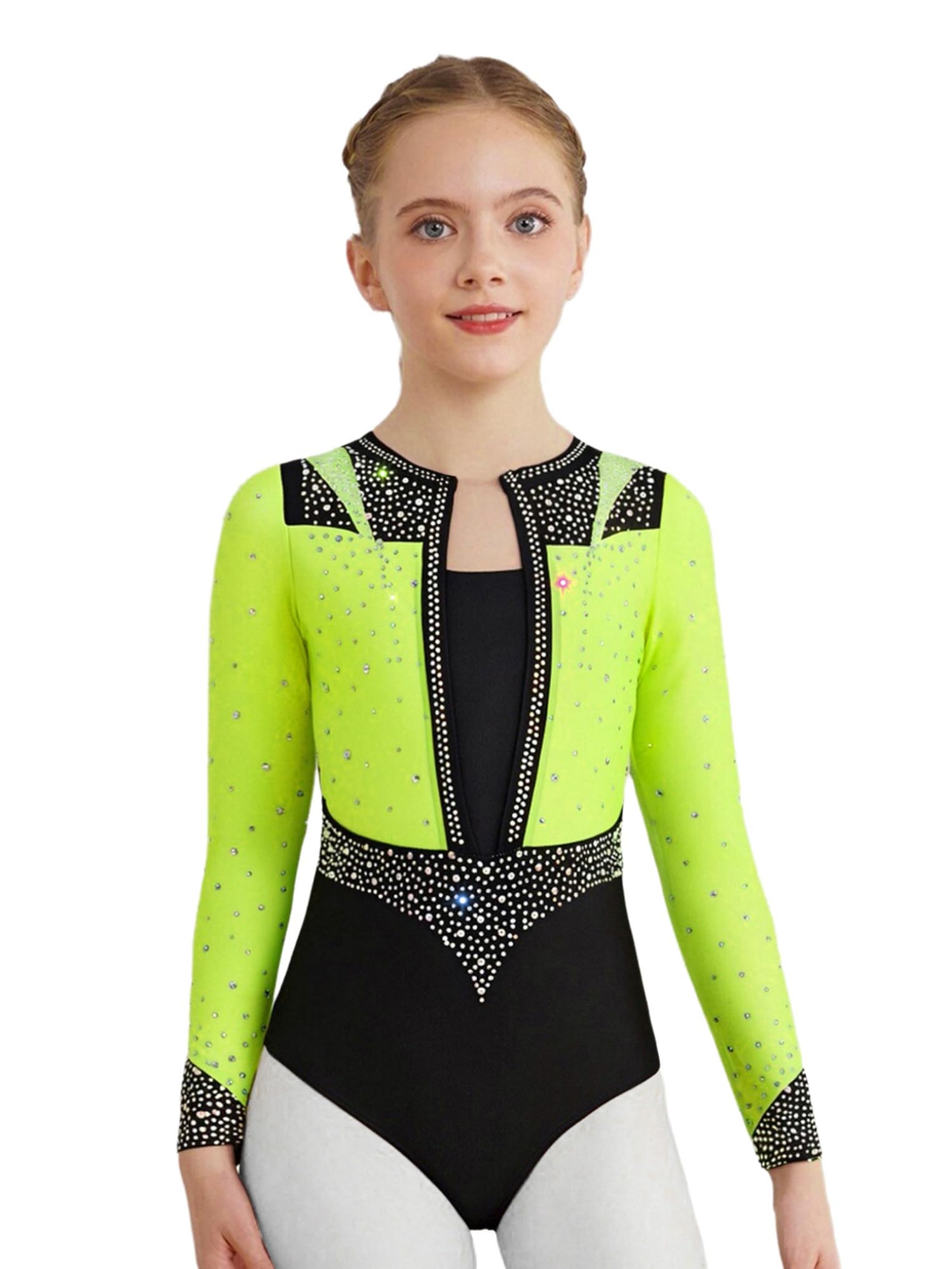 Oyolan 3Pcs Mädchen Turnanzug Glitzer Langarm Gymnastikanzug mit Sport BH Tops und Hose Leggings Tanzbody Leotard Ballettanzug Wettbewerb Sportbody Tanzkostüm