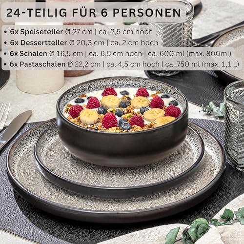 SÄNGER Luxor | Tafelservice 24 teilig, Steingut Geschirr Set 6 Personen, 6x Teller Set 6x Frühstücksteller 6x Tiefe Teller 6x Pastaschalen Geschirrset und Schale braun biege | VALUE COLLECTION