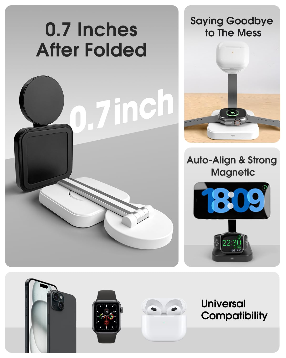 Wireless Charging Station for Magsafe Charger, Wireless Charger for iPhone 16/15/14/13/12 Series/Apple Watch/AirPods Pro, Faster Magnetic Charger Stand, Adjustable Angle Foldable Travel Phone Holder