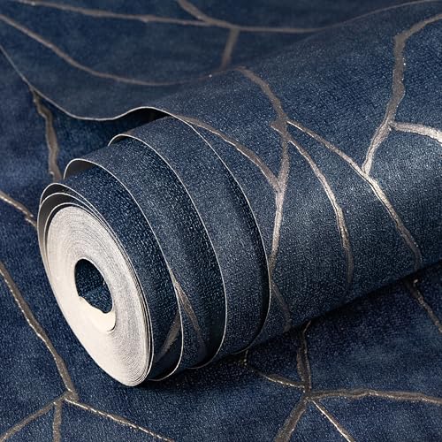 Image of wolpin Non-Woven Wallpaper Non-Adhesive (53 x 950 CM) (Navy Blue) | Textured Geometric Abstract Wallpaper with Subtle Shine | Decorative Wall Covering for Home Interior (54.18 Sq Ft)