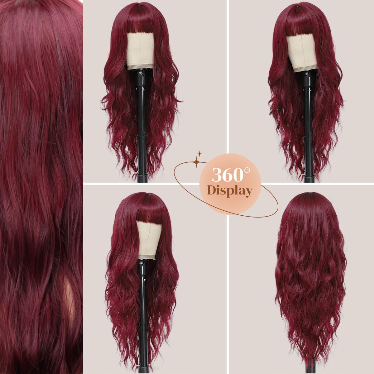 Burgundy Red Wig with Bangs 26 Inch Long Curly Wavy Wigs for Women Begineer-friendly Synthetic Wig for Daily Party Holiday Use