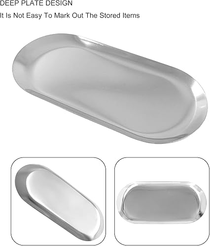 Miniatura 4 de Paquete de 2 bandejas decorativas de acero inoxidable, 7 pulgadas de largo, bandeja de almacenamiento de joyas, organizador de cosméticos para baño,