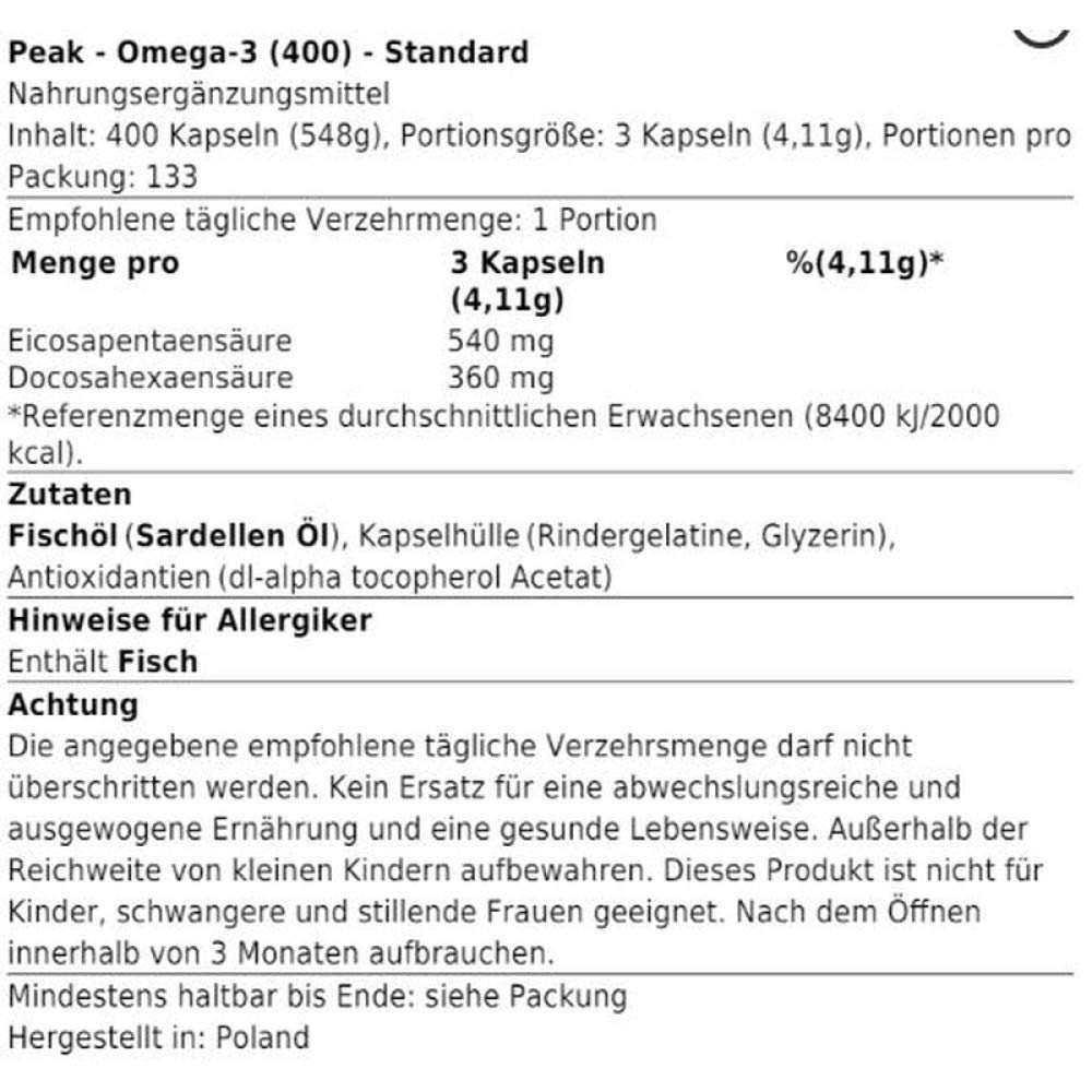 PEAK Omega-3-400 Kapseln I Fischöl I Fisch Öl I Softgelkapseln I hochkonzentriertes EPA und DHA I Triglycerid - Form I TG - Form I hohe Bioverfügbarkeit