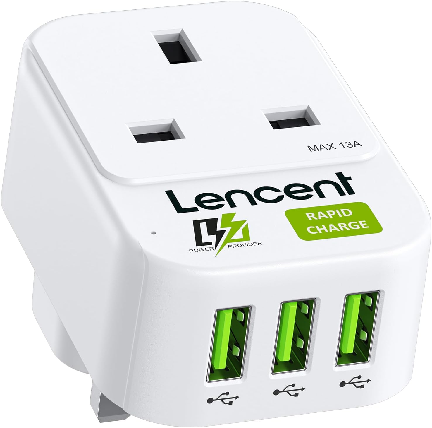 USB Outlet Plug Extender with 3 USB Ports, 1 Way Socket Adaptor, Multi Outlet Wall Charger Adapter, Mains Charger Plug Extension, Ideal for Home, Office 3250W