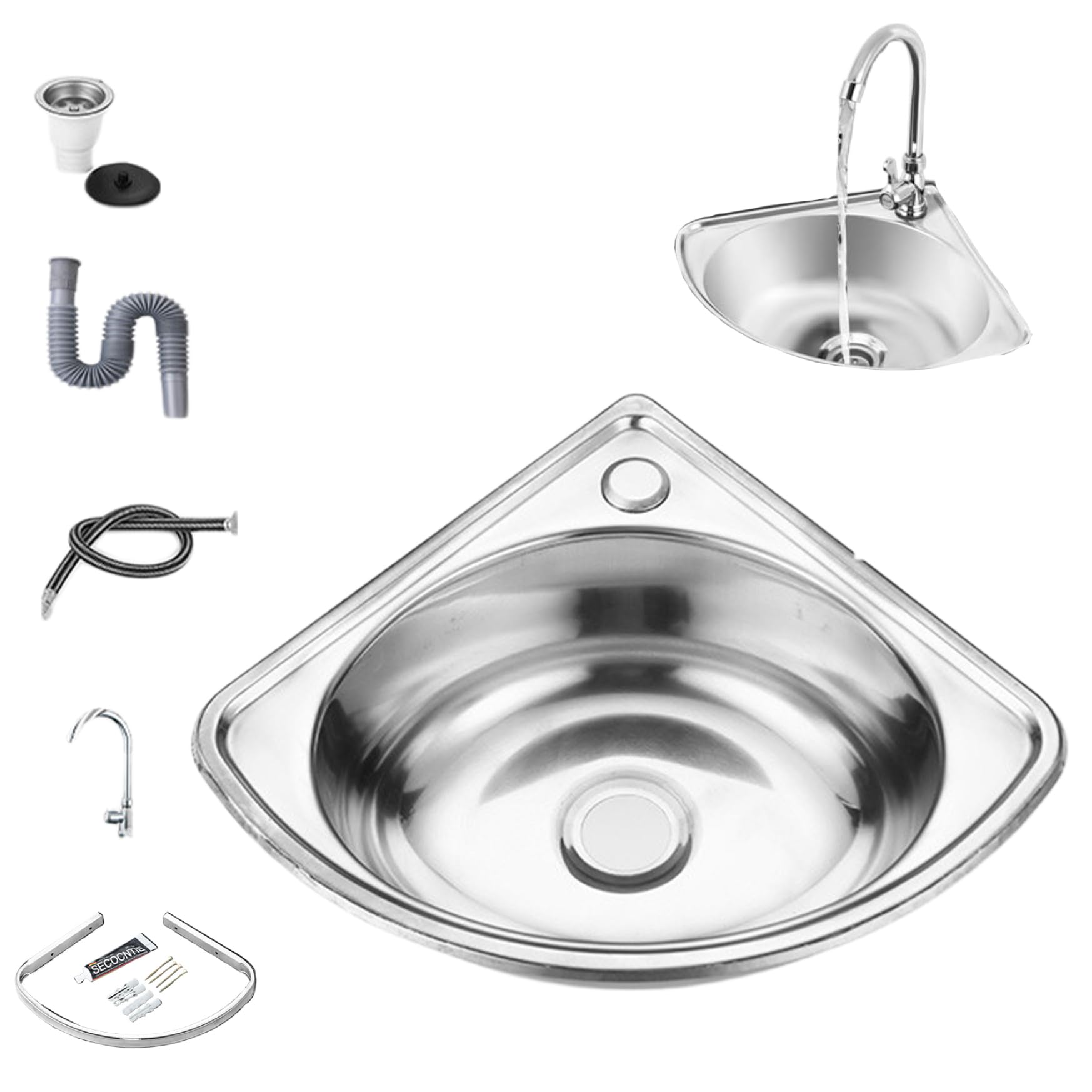 Lavandino per bagno in acciaio inossidabile in acciaio triangolare lavello angolare sigilla adesiva e riduzione del rumore Basino per lavello montato a parete con rubinetto, tubo di scarico, lavandin