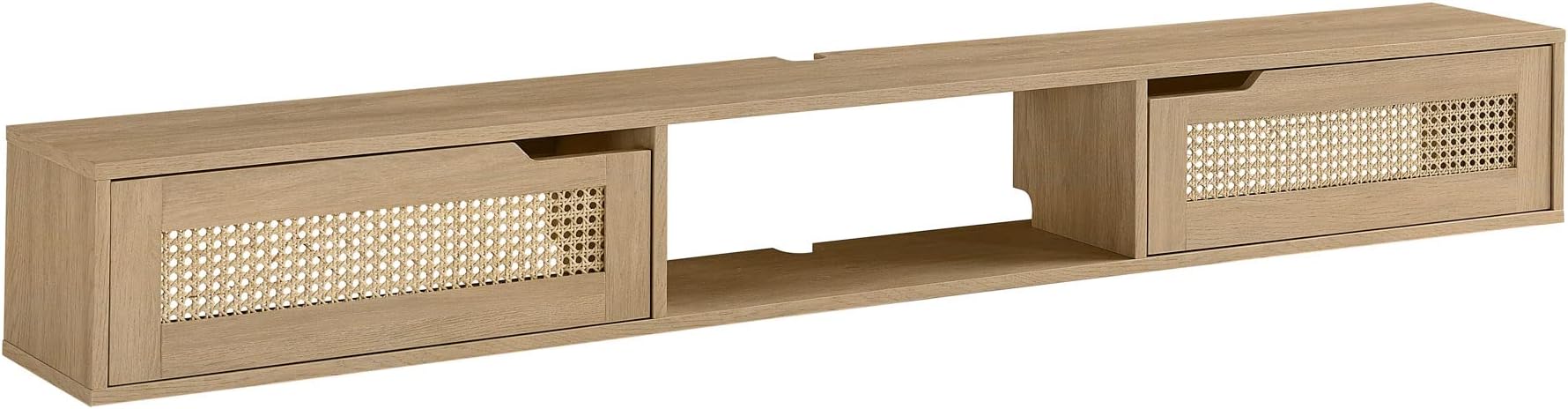 Walker Edison Modern Rattan Flip-Down-Door Wall-Mounted Floating Stand for TVs up to 80 Inches, 70 Inch, Coastal Oak