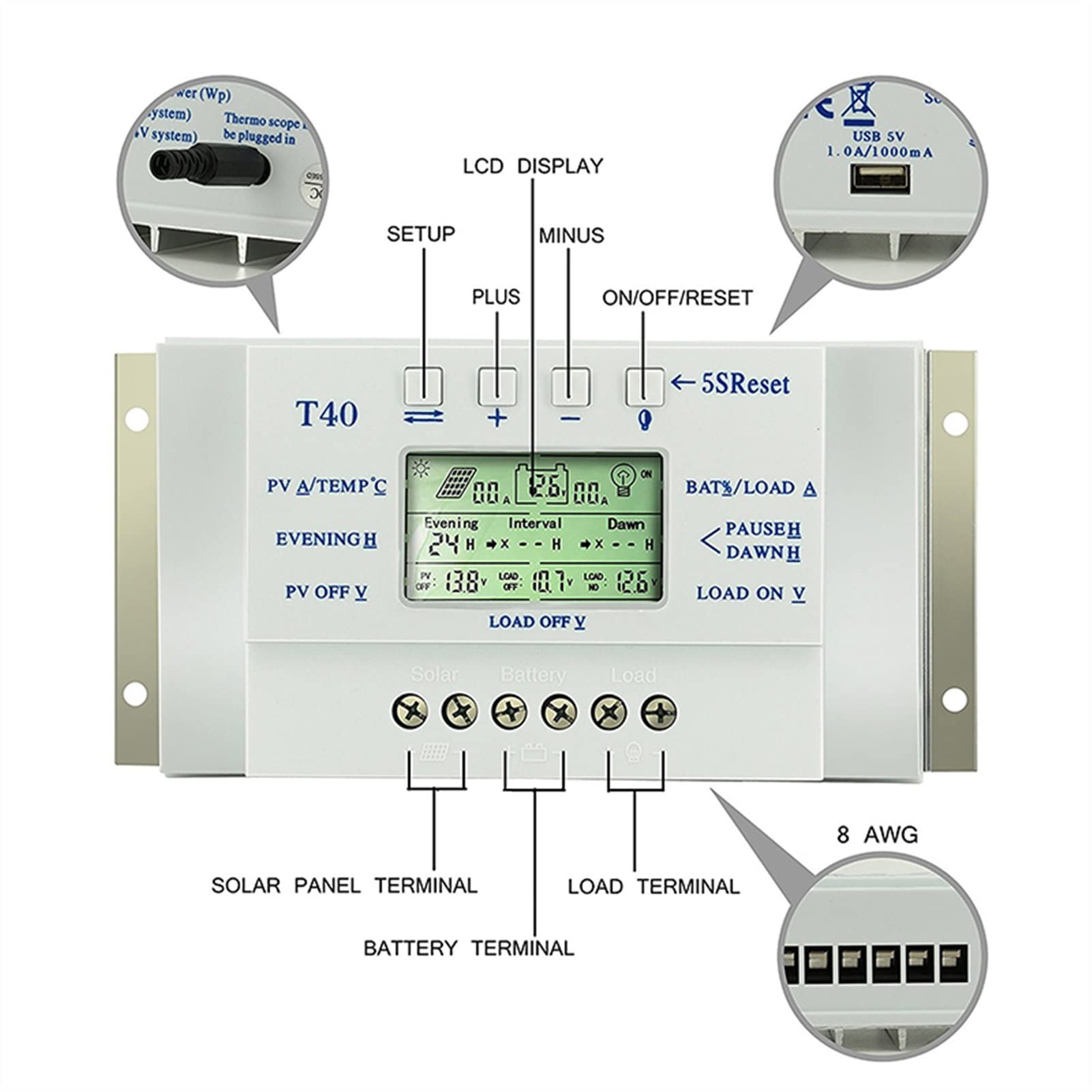 Onduleur Solaire, Contrôleur de charge solaire 40a avec télécommande 2 m LCD 12V 24V Régulateur chargeur voiture Dual 5V USB Inverseur régulateur(30A)