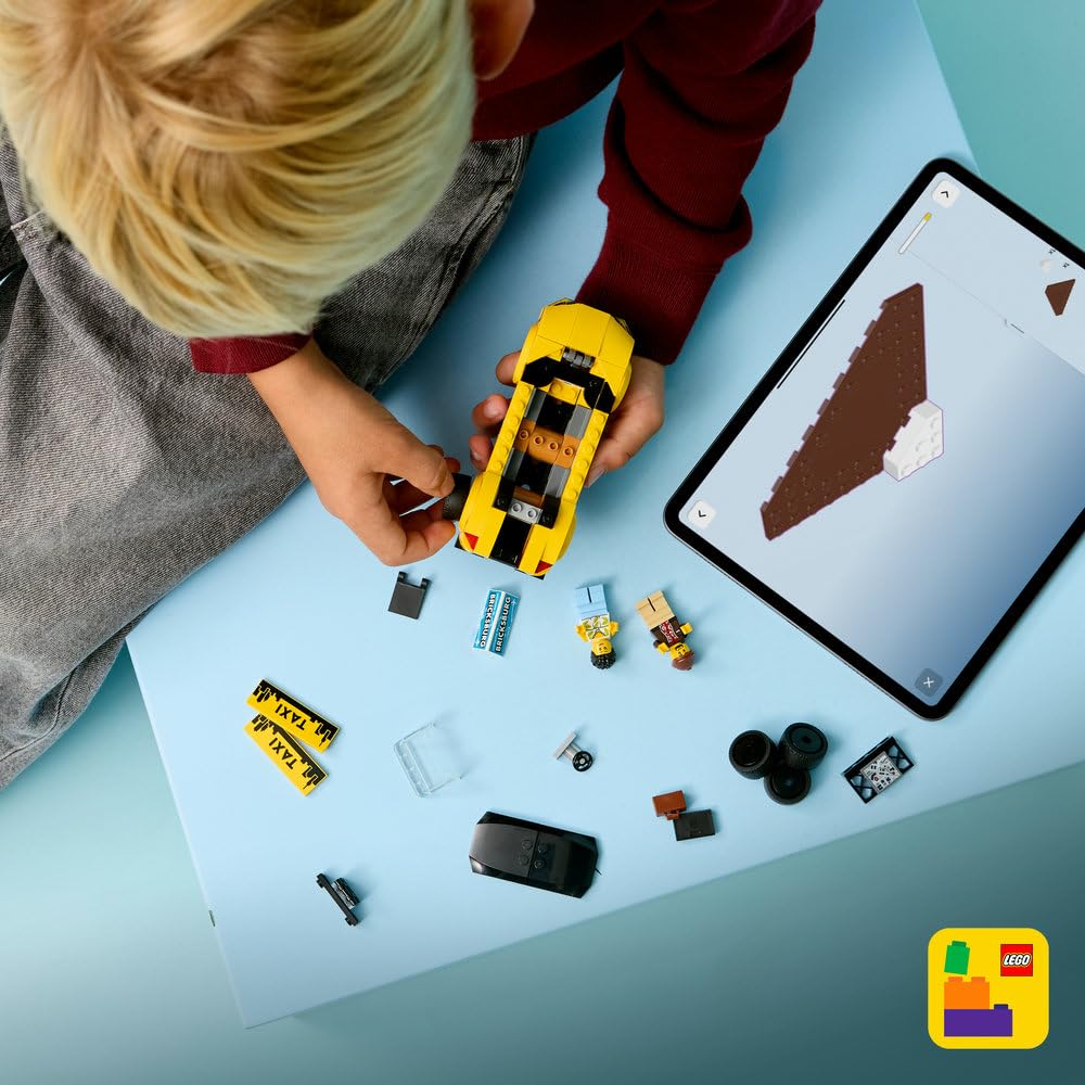 LEGO City Żółta taksówka, samochód do zbudowania i dwie minifigurki, zabawka dla dziecka, pomysł na prezent dla 5-latka, na urodziny dla chłopca i upominek dla dziewczynki, ozdoba na biurko 60487