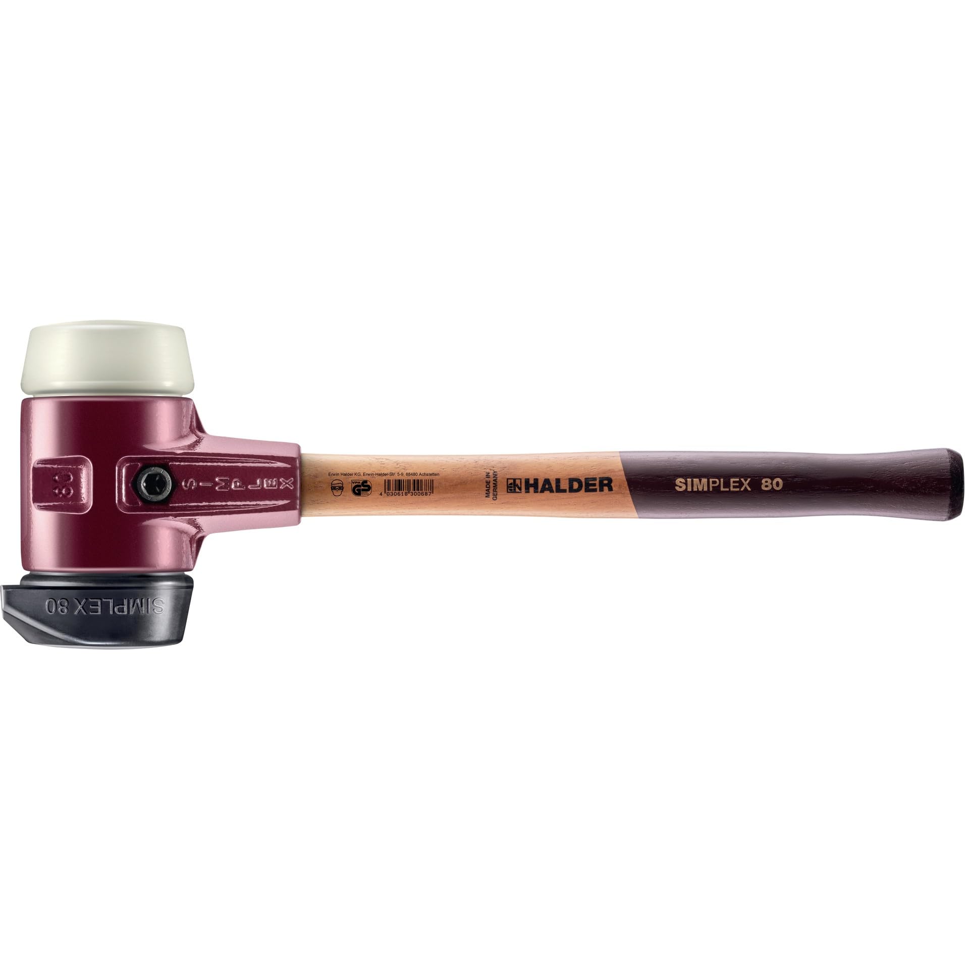 Halder Simplex Soft-Faced Mallet 3028.280 – Medium-Hard "Stand-Up" Rubber Insert, Nylon Insert, Cast Iron Housing with Handle Protection Sleeve, Varnished Wooden Handle, 80mm, 6.5 lbs.
