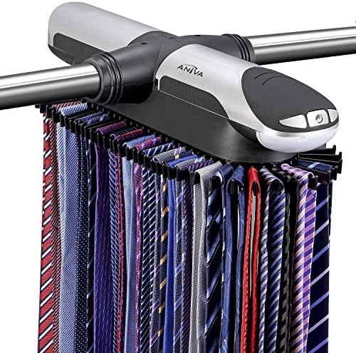 Aniva Motorized Tie Rack Best Closet Organizer with LED Lights, Includes J Hooks for Wired Shelving Stores Up to 72 Ties with 8 Belts, Rotation Operates with Batteries