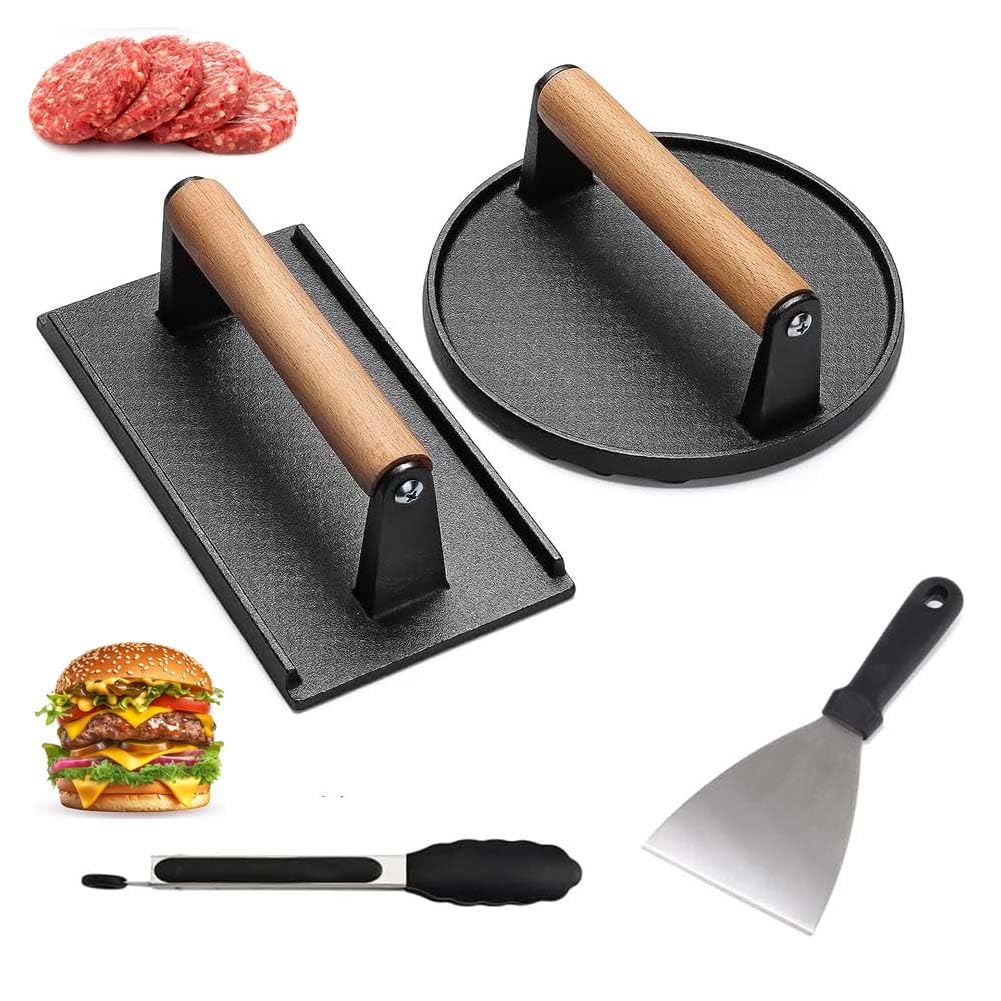 Set per hamburger, 4 pezzi, in ghisa, con 2 pressa per hamburger, 1 pinza da cucina, per bistecca, bacon, cotolette
