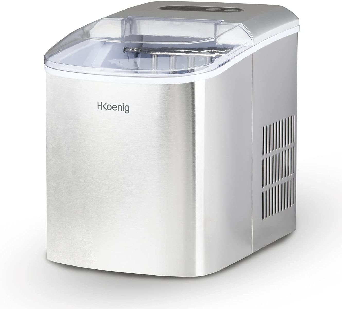H.Koenig KB14 Máquina de Hacer Hielo, Potencia 120 W, Diaria 12 Kg, Ciclo Producción 10/13 Min, 2 Tamaños Cubitos, Capacidad Bandeja de Agua 2,1 L, Pantalla LCD, Acero Inoxidable, Gris