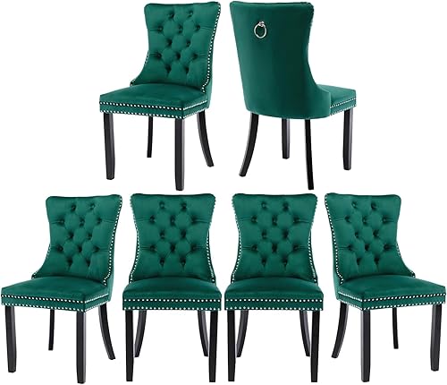 Miniatura 100 de Juego de 6 sillas de comedor marrones, sillas de comedor tapizadas con tela de lino acolchada con capitoné, con respaldo alto, ribete de tachuelas y