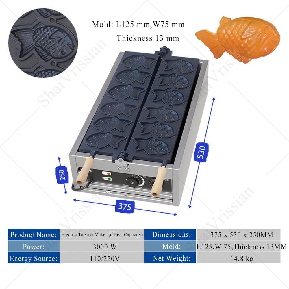 3000w Máquina Eléctrica Taiyaki para Helado,Panadero Comercial con 6 Mohos En Forma De Pescado,Temperatura Ajustable 50 a 300 °c,Ideal para Mermelada/Helado