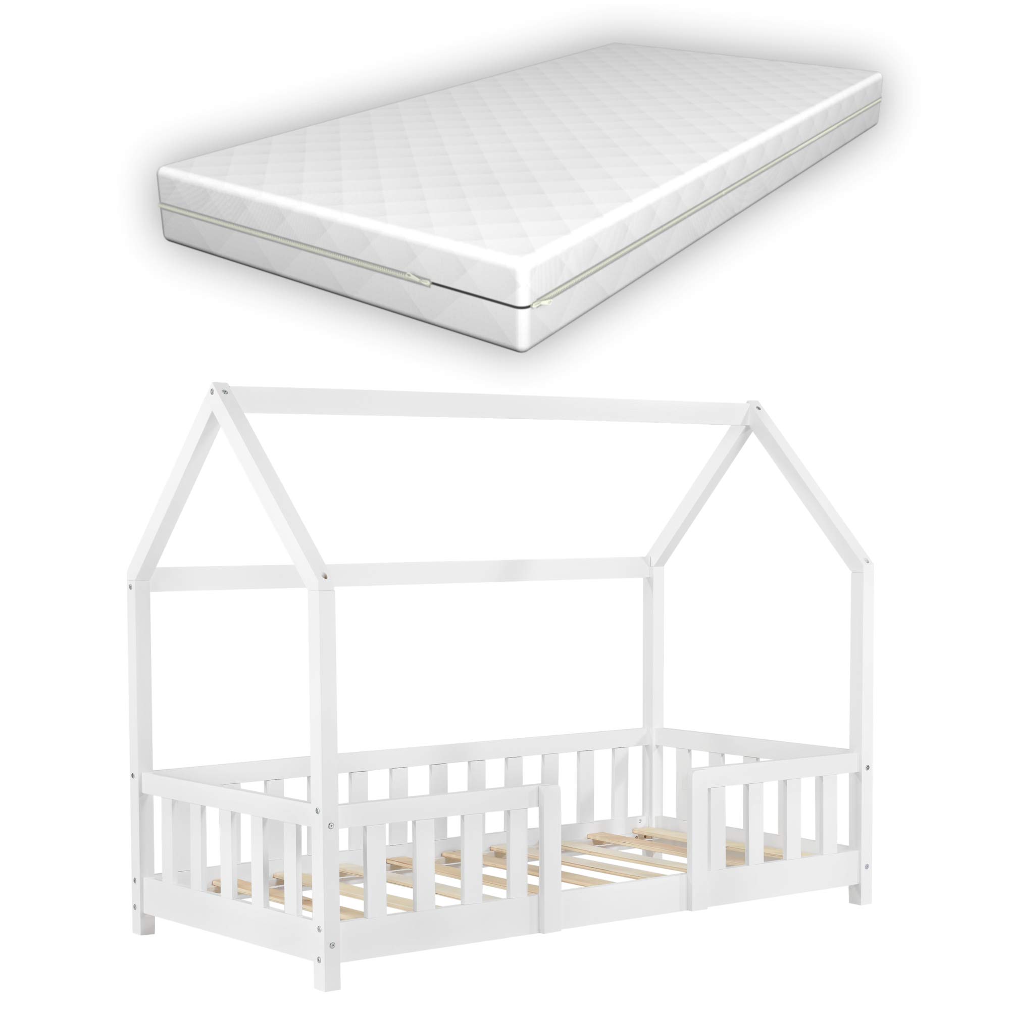 Letto per Bambino a Forma di Casetta con Barriera Anticaduta e Materasso 160x80 cm Lettino in Legno di Pino con Sponde/Sbarre di Sicurezza - Bianco