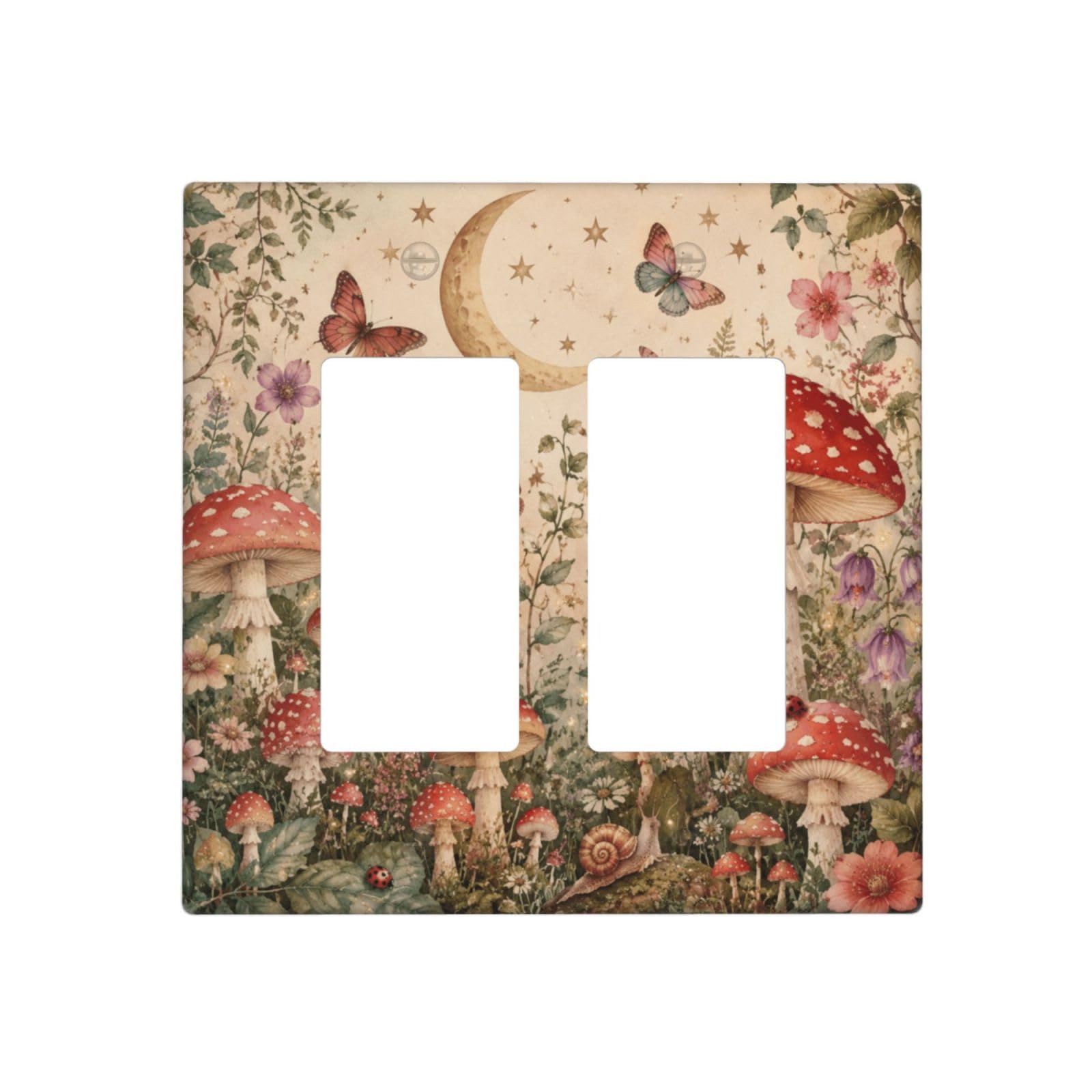 Dwbguo Vintage Mushroom Decorative Outlet Covers Watercolor Mushroom & Moon 2 Gang Wall Plate Double Rocker Vintage Butterfly Floral Light Switch Cover Double Switch Plate Cover For Bedroom Bathroom Decor
