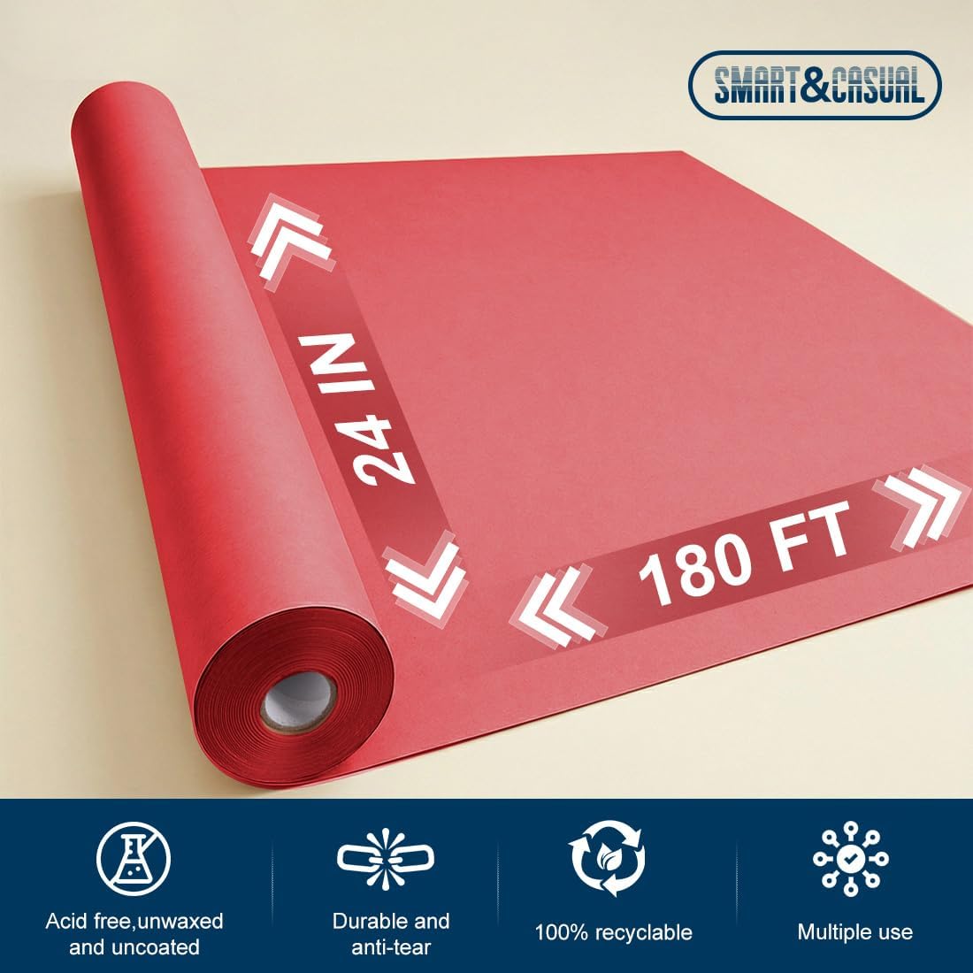 SMART&CASUAL Red Kraft Paper Roll 24" x 2,160" (180') for Gift Wrapping Bouquet Flower Art Painting Craft Writing Packaging Shipping 80GSM 55LB (Red, 24" x 180') image 2