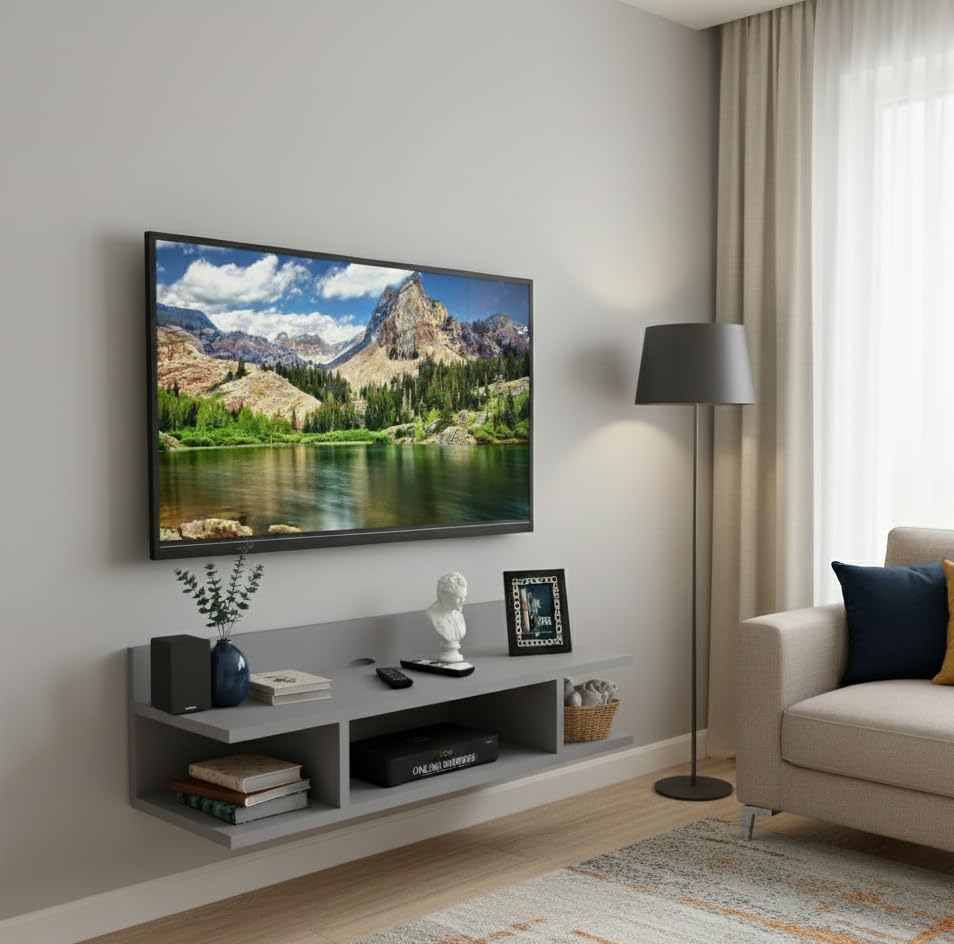 Image of Engineered Wood Set Top Box Stand | Wall Mounted TV Unit Shelf for Router, WiFi, DVD, Gaming Console | Sturdy & Space Saving TV Accessory Organizer (Brown, 50 x 20 x 15 cm) (Grey)