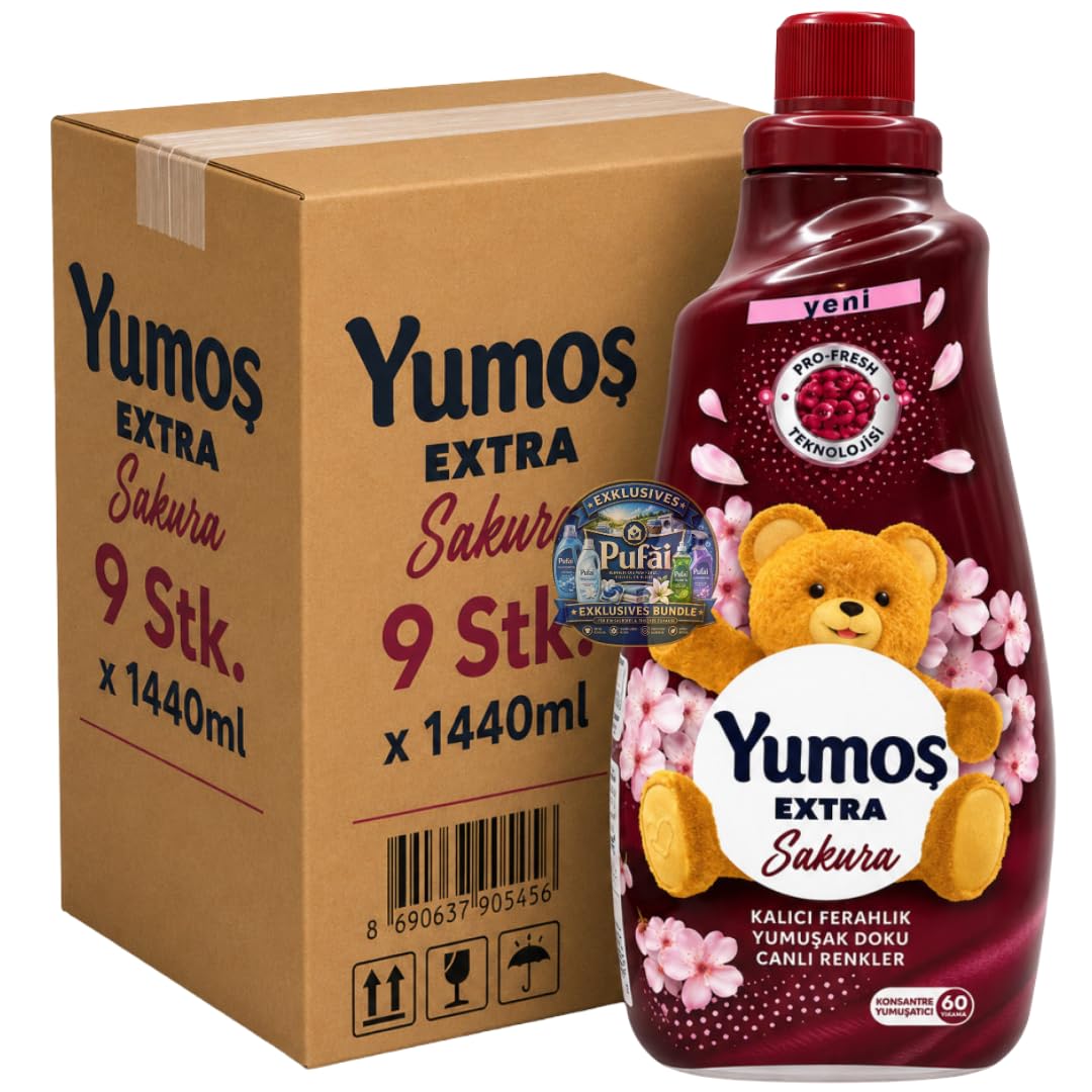 PUFAI Bundle –Yumoş Weichspüler Sakuraduft – Duftender Weichspüler für weiche & frische Wäsche, 1440ml, 9 Stück