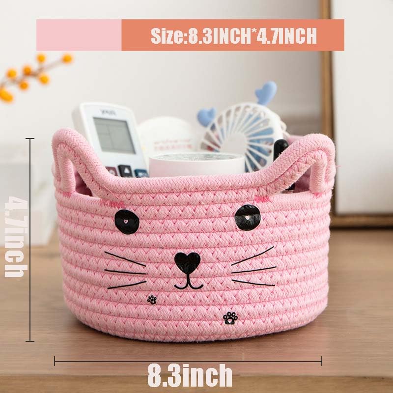 Image of Pet Toy Basket Organzier Cotton Rope Basket Cute Storage Bin Pink Baby Nursery Basket With Ears Gifts Basket For Pet Lover 8.3 x 4.7 inches,Pink