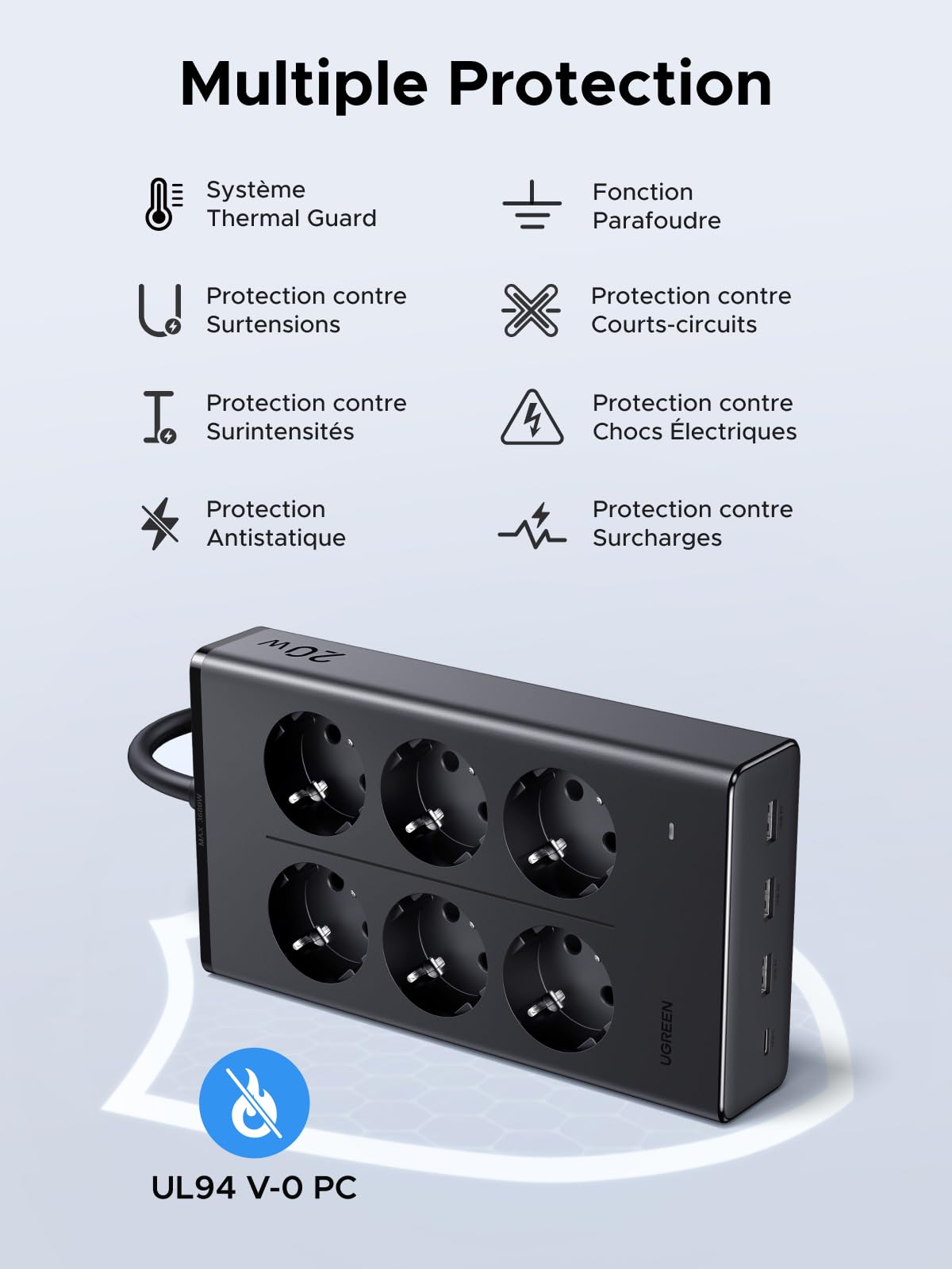 UGREEN 10 en 1 Multiprise avec Interrupteur 3680W 6 Prises AC 4 USB Bloc Electrique Contre Surtension USB C PD 20W Rallonge 1.5M Bureau Maison Noir Compatible avec iPhone 17 16 Galaxy S26 S25 MacBook