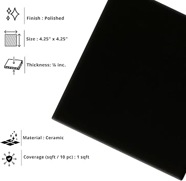 4 in Ceramic Tile Gloss 4 1/4 Box of 10 Pieces for Bathroom Wall and Kitchen Backsplash by Tenedos Glossy Finish, Classic Look (Black)