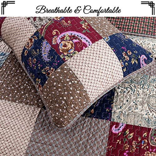 Cozy-Line-Home-Fashions-Sanders-Red-Navy-Blue-Brown-Floral-Print-Real-Patchwork-100-Cotton-Reversible-Coverlet-Bedspread-Quilt-Bedding-Set-RedNavy-Queen-3-Piece Cozy Line Home Fashions Sanders Red Navy Blue Brown Floral Print Real Patchwork 100 Cotton Reversible Coverlet Bedspread Quilt Bedding Set RedNavy Queen 3 Piece