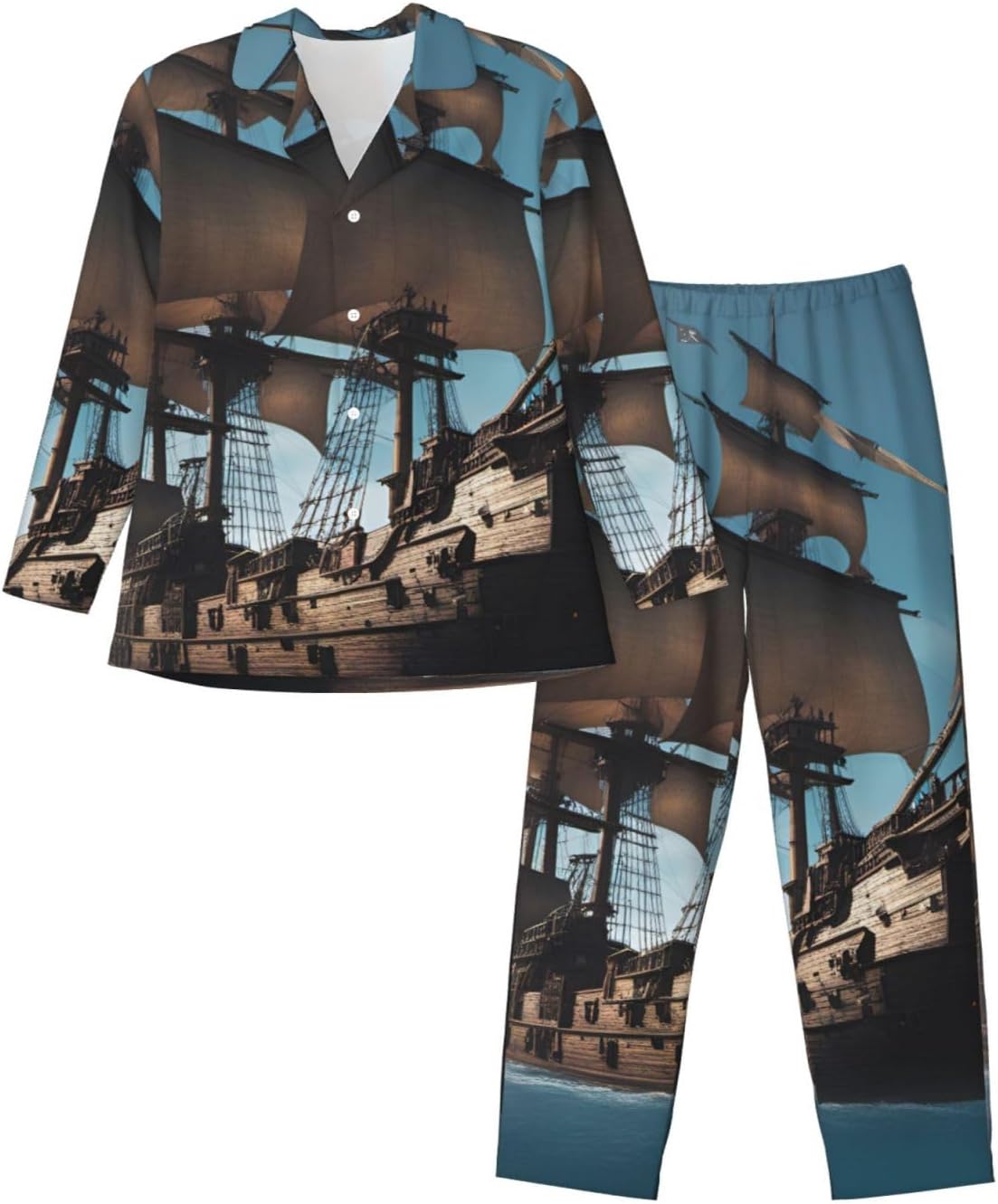 Cool Pirate Ship Print Luxurious Mens Pajamas Set,Breathable Pajamas Set,Perfect For Lounging Bed,Sofa