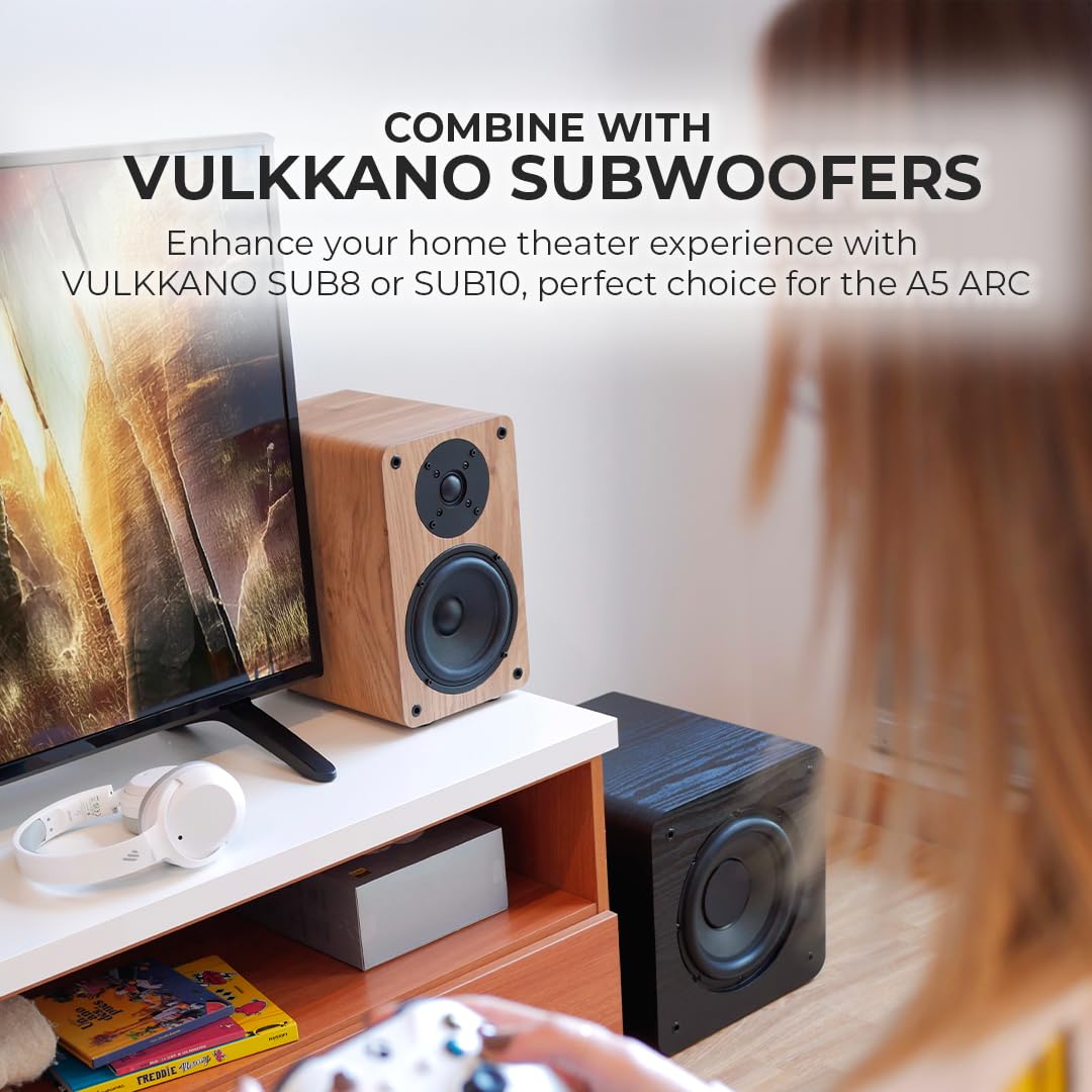 VULKKANO A5 ARC Altavoces Autoamplificados con Woofer de 5.25", Bluetooth 5.0, HDMI ARC, Optica, RCA, USB, con Salida Subwoofer, Altavoces para la TV con Diseño Elegante, Color Marron