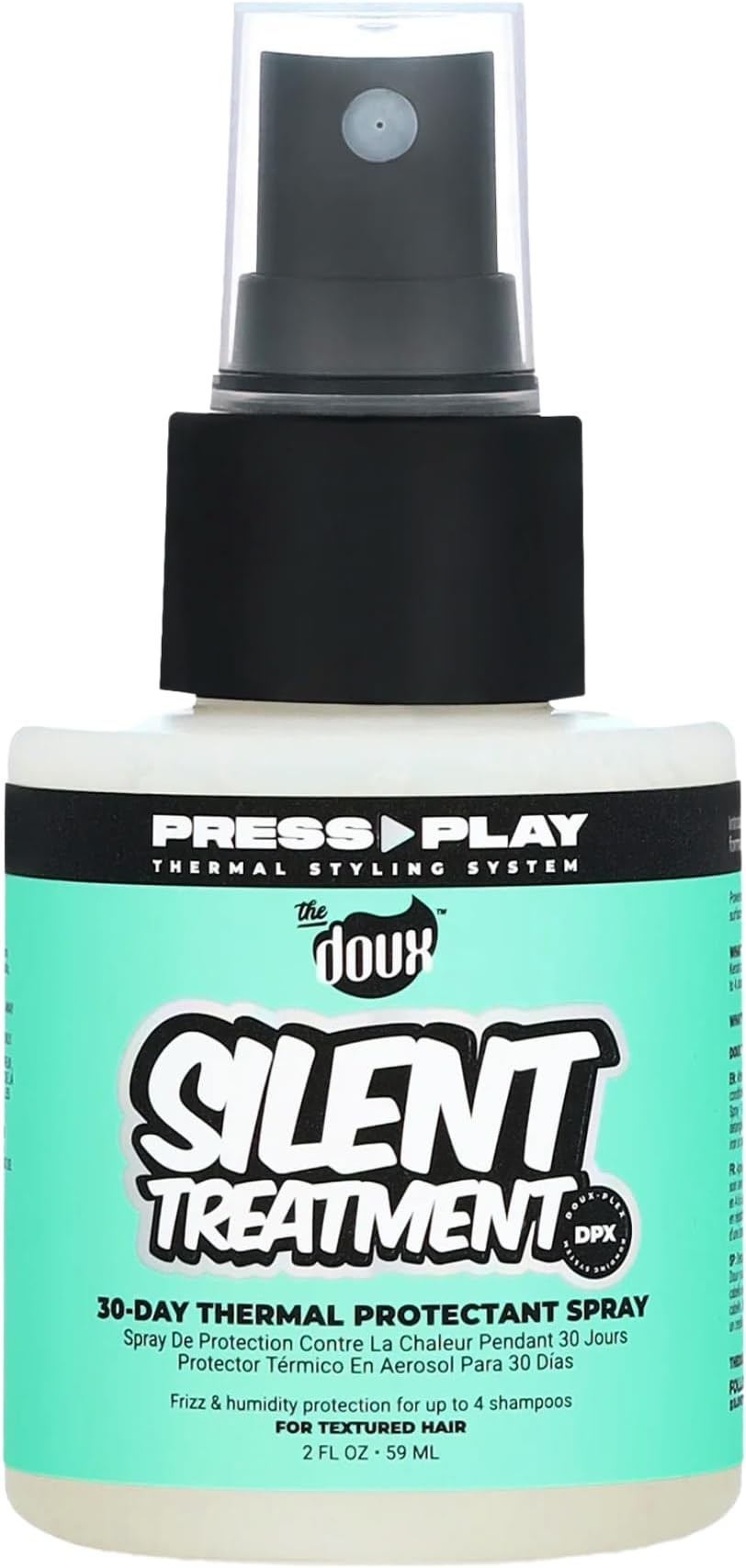 The Doux SILENT TREATMENT Anti-Frizz Heat Protectant Spray for Curly Hair – 30-Day Humidity Shield Hairspray with Keratin & Corn Starch – Travel Size Hair Styling Spray, 2 oz