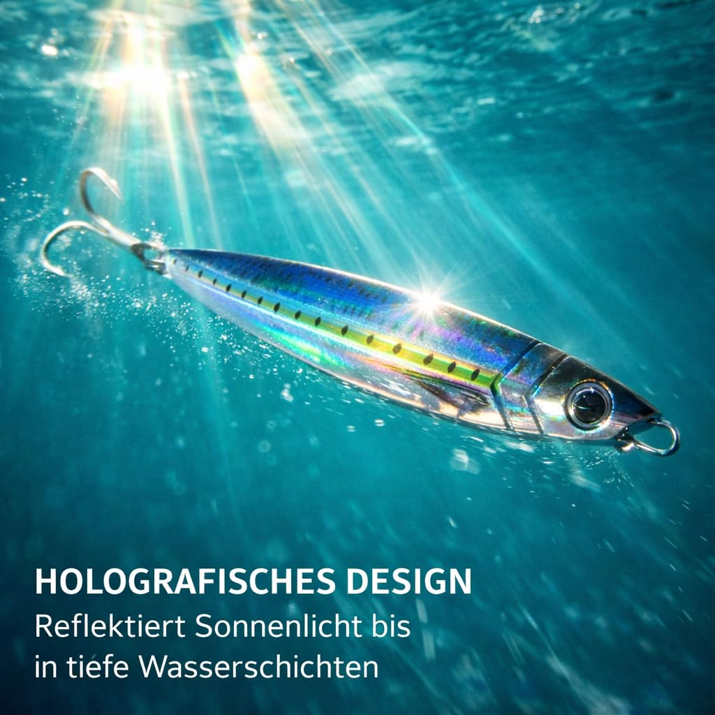 5er Set Angelköder Metal Jigs – 40g Pilker für Meerforelle, Wolfsbarsch, Makrele & Barsch – Schlanke Weitwurf-Köder mit holografischem Design & 3D-Augen – Salzwasserfest