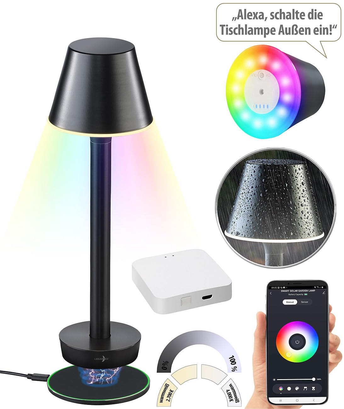 Luminea Home Control Kabellose LED-Tischlampe: Smarte Outdoor-Tischlampe mit WLAN-Gateway, RGB-CCT-LEDs, App, IP67 (mit Sprachsteuerung, Schreibtischleuchten Akku, Leuchte)