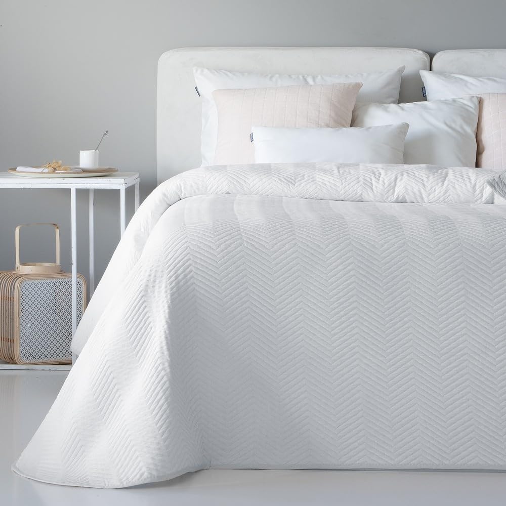 ETHERE MAISON | Colcha Jacquard Lavenza Reversible de Algodón Blanco para Cama de 150 | Ligera, Transpirable y de Secado Rápido | 250x270 cm | Ideal para Entretiempo