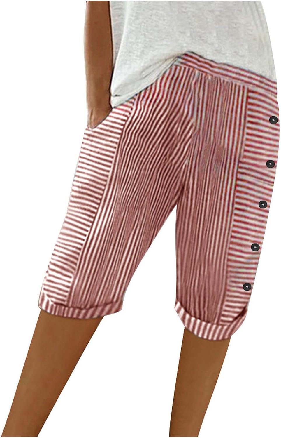 Women Stripe Print Shorts Summer Knee-Length Casual Bermuda Short Pant Lounge Elastic Waist Side Button Bottoms Slacks
